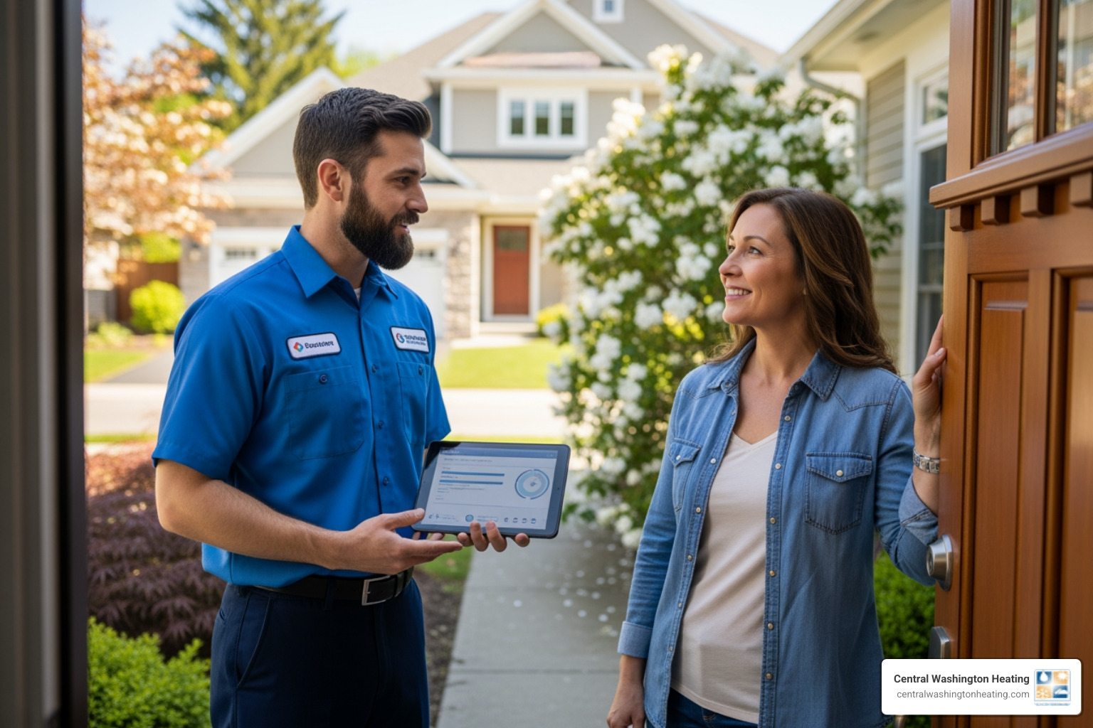 friendly professional technician speaking with homeowner at their door - emergency heating repair in waterville, wa