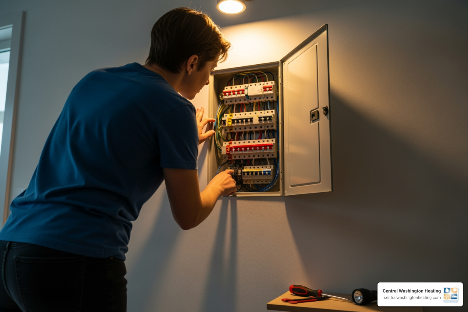 person checking home circuit breaker panel - emergency heating repair in waterville, wa