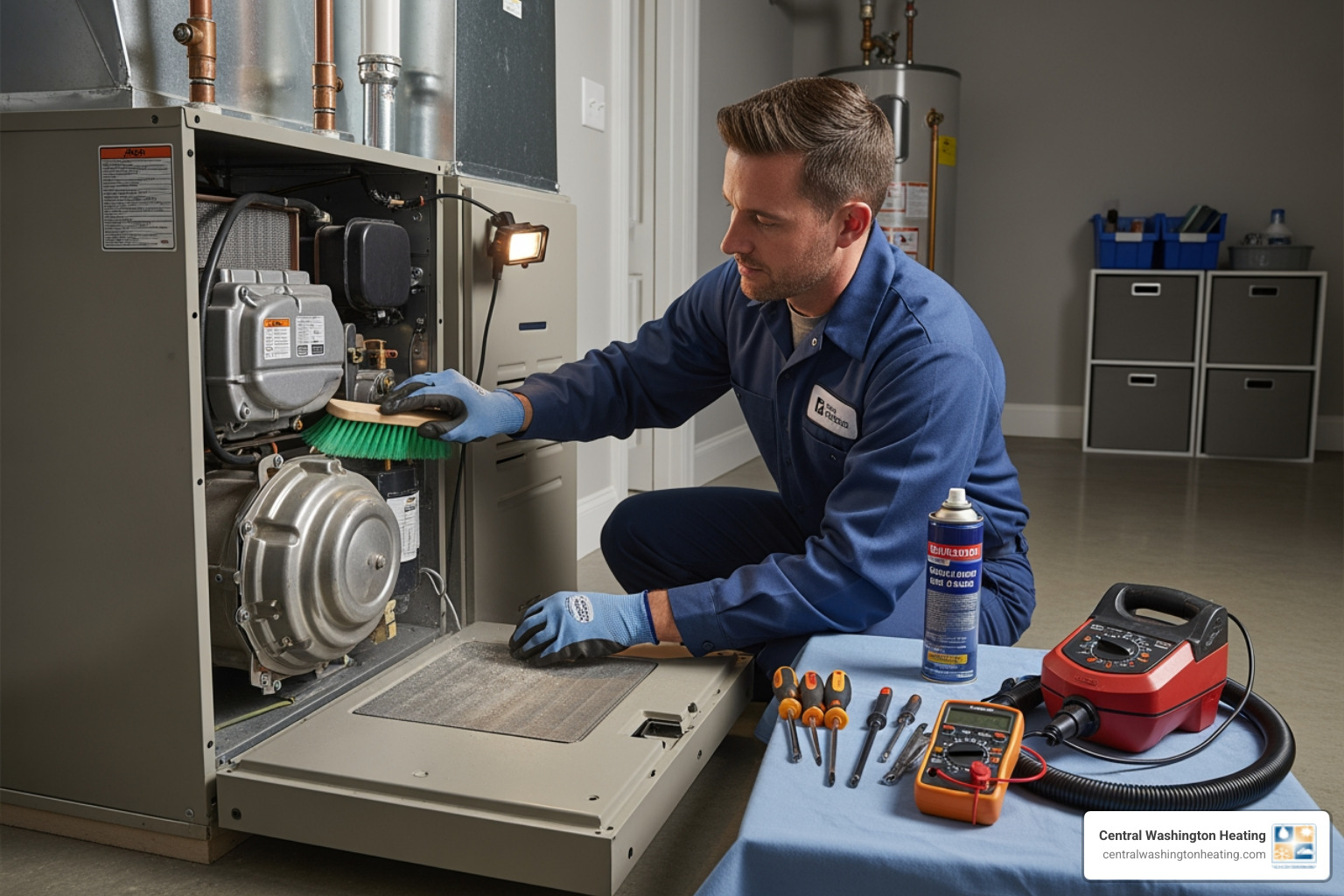 technician cleaning furnace component during maintenance visit - emergency heating repair in waterville, wa