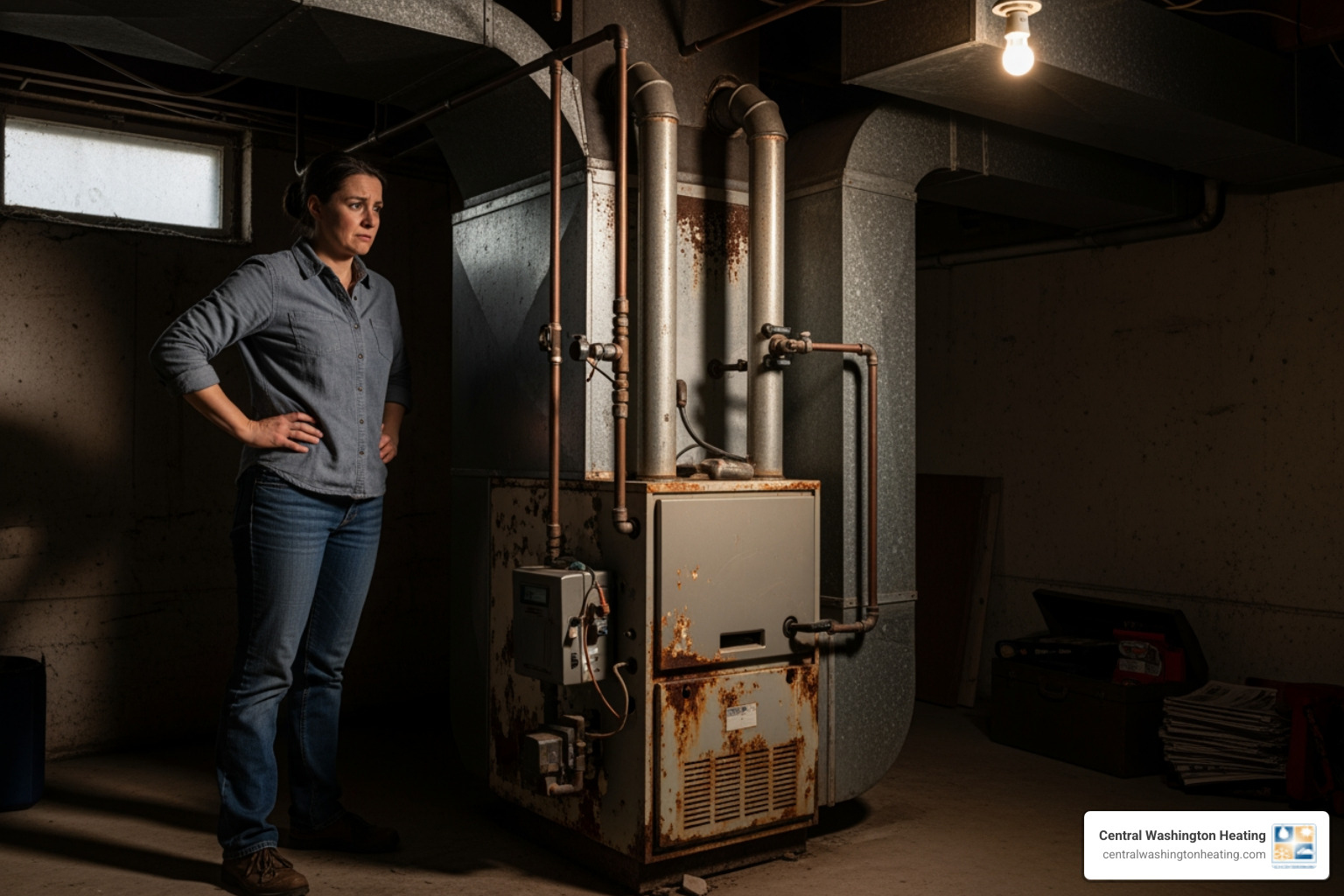 homeowner looking concerned at their old furnace - heating replacement in leavenworth, wa
