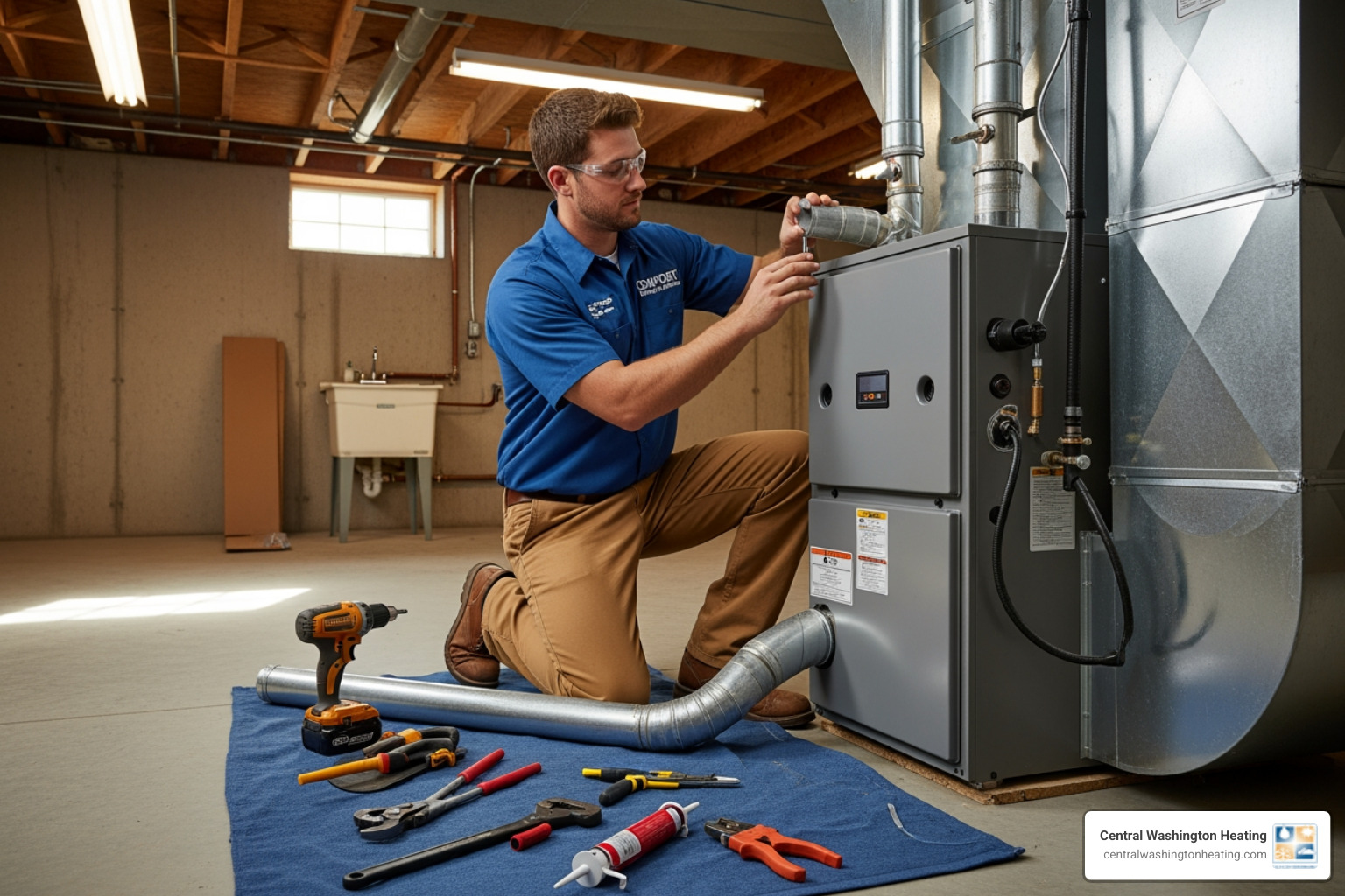 technician professionally installing a new furnace - heating replacement in leavenworth, wa