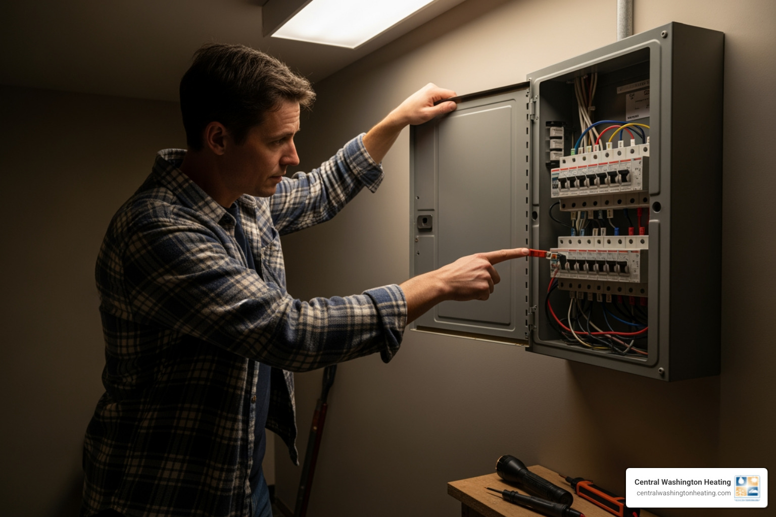 A homeowner inspects their home's electrical panel, pointing to a tripped circuit breaker for the HVAC system. - heating blowing cold air in manson, wa