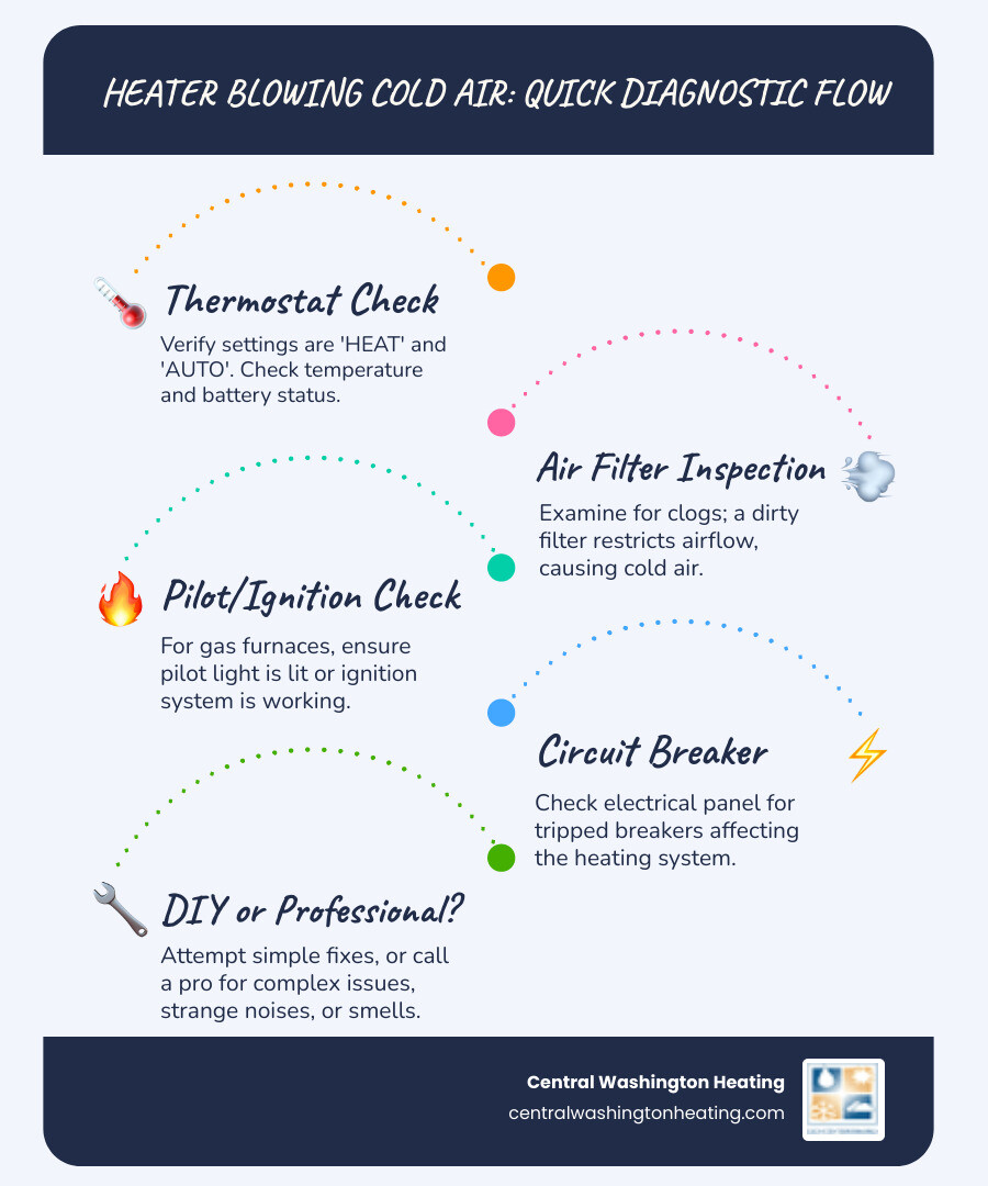 Infographic showing the heating system diagnostic flowchart: Start with thermostat check, move to air filter inspection, then pilot light verification, followed by circuit breaker status, ending with decision point to either attempt DIY fix or call professional based on complexity and safety concerns - heating blowing cold air in manson, wa infographic infographic-line-5-steps-blues-accent_colors