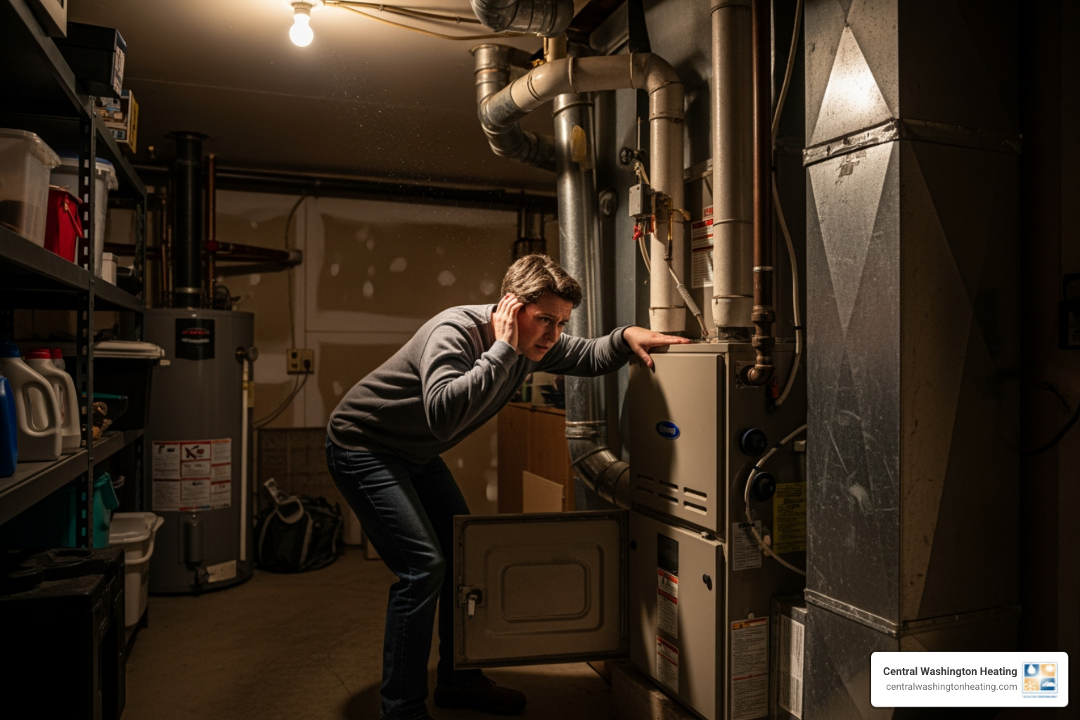 A person listening intently to a noisy furnace, concerned - heating near malaga, wa