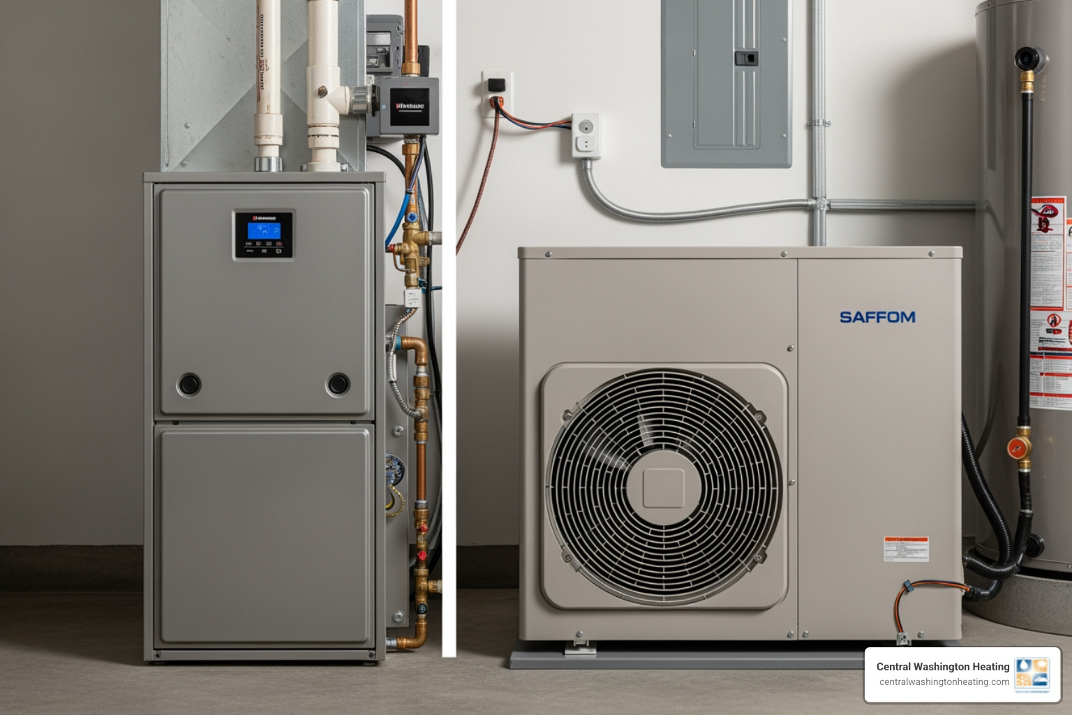 A modern furnace and a heat pump side-by-side - heating near malaga, wa