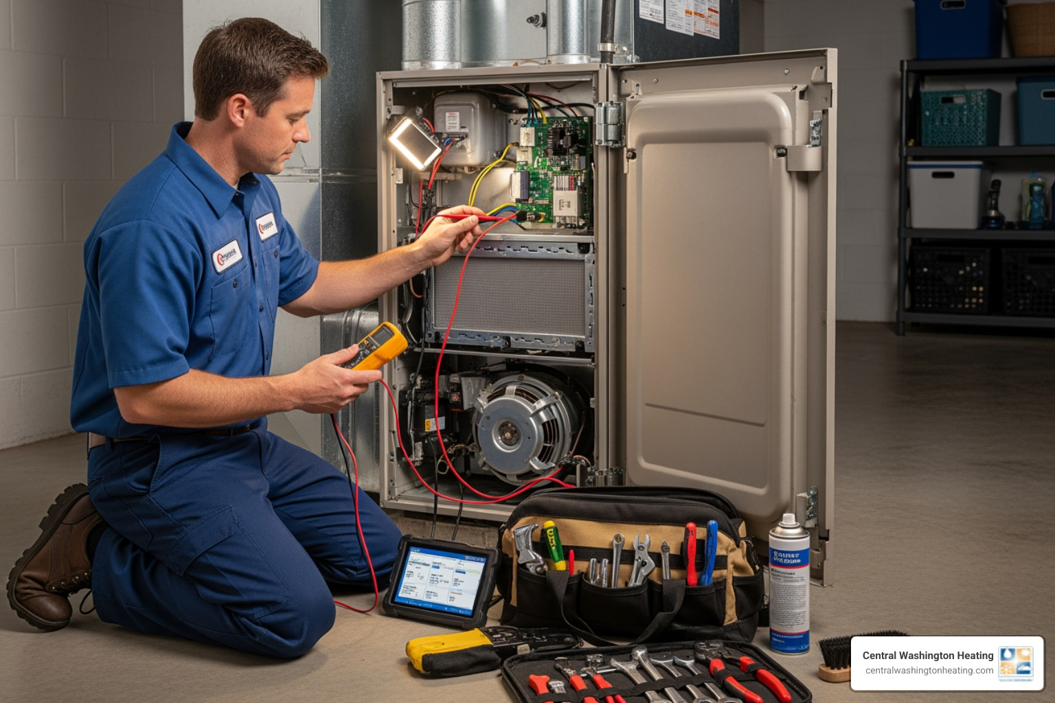 A technician performing maintenance on a heating unit with tools laid out - heating near malaga, wa