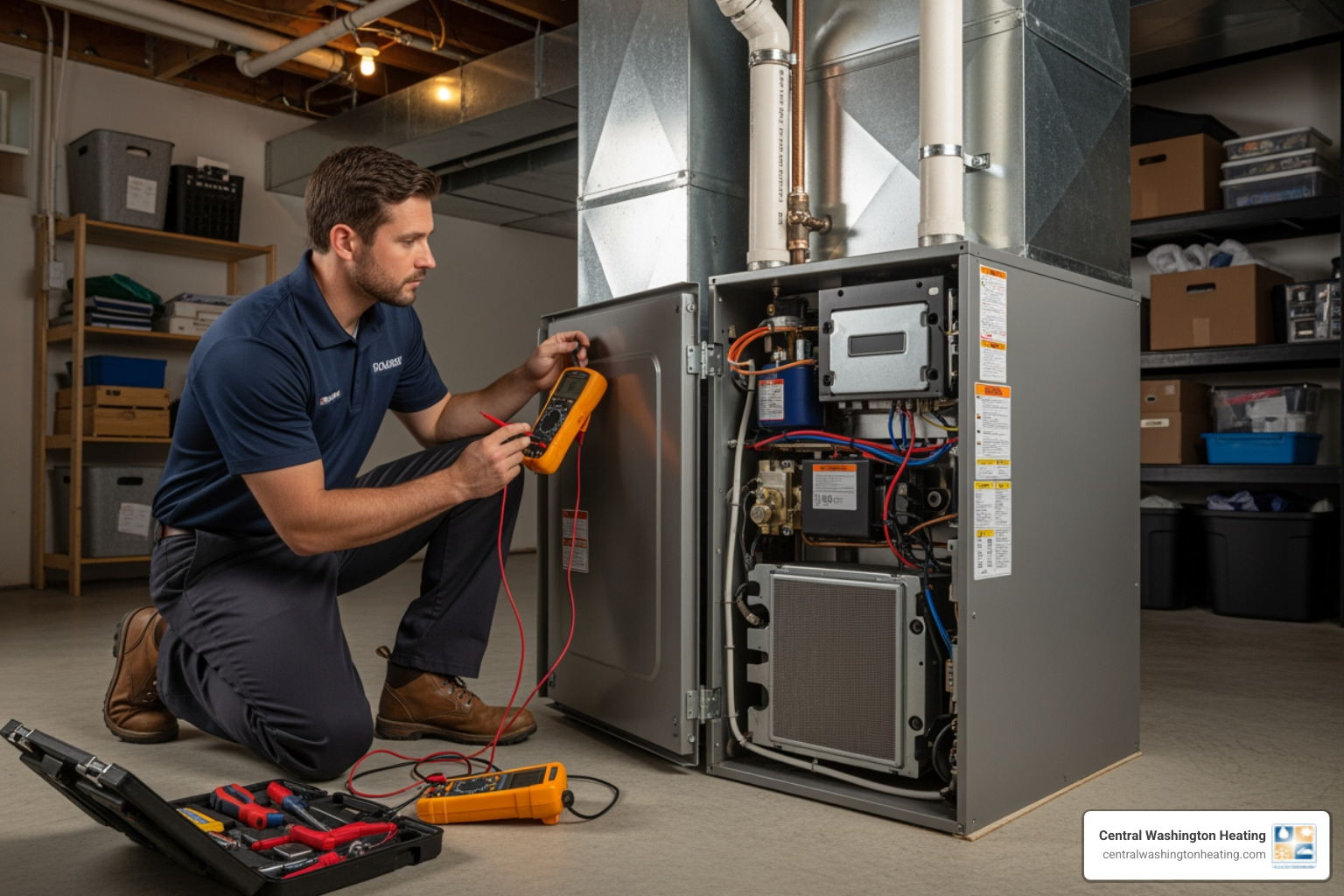 professional technician inspecting a heating unit - emergency heating repair in ardenvoir, wa