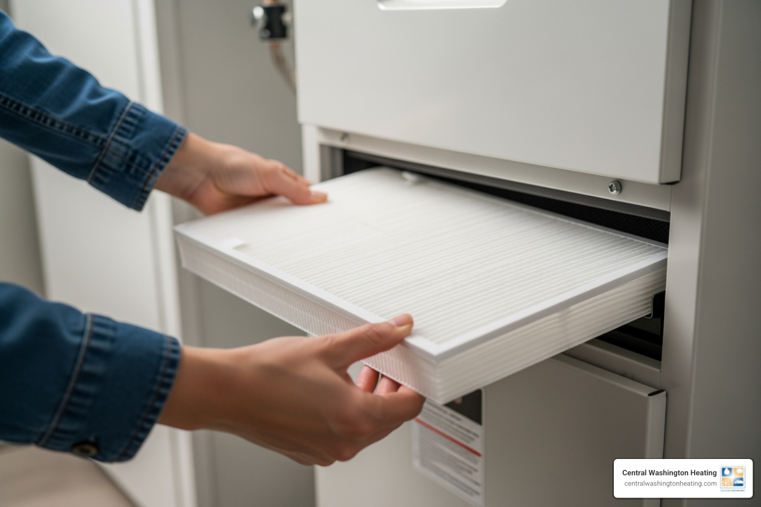 Homeowner sliding a new, clean filter into a furnace unit - heating blowing cold air in cashmere, wa