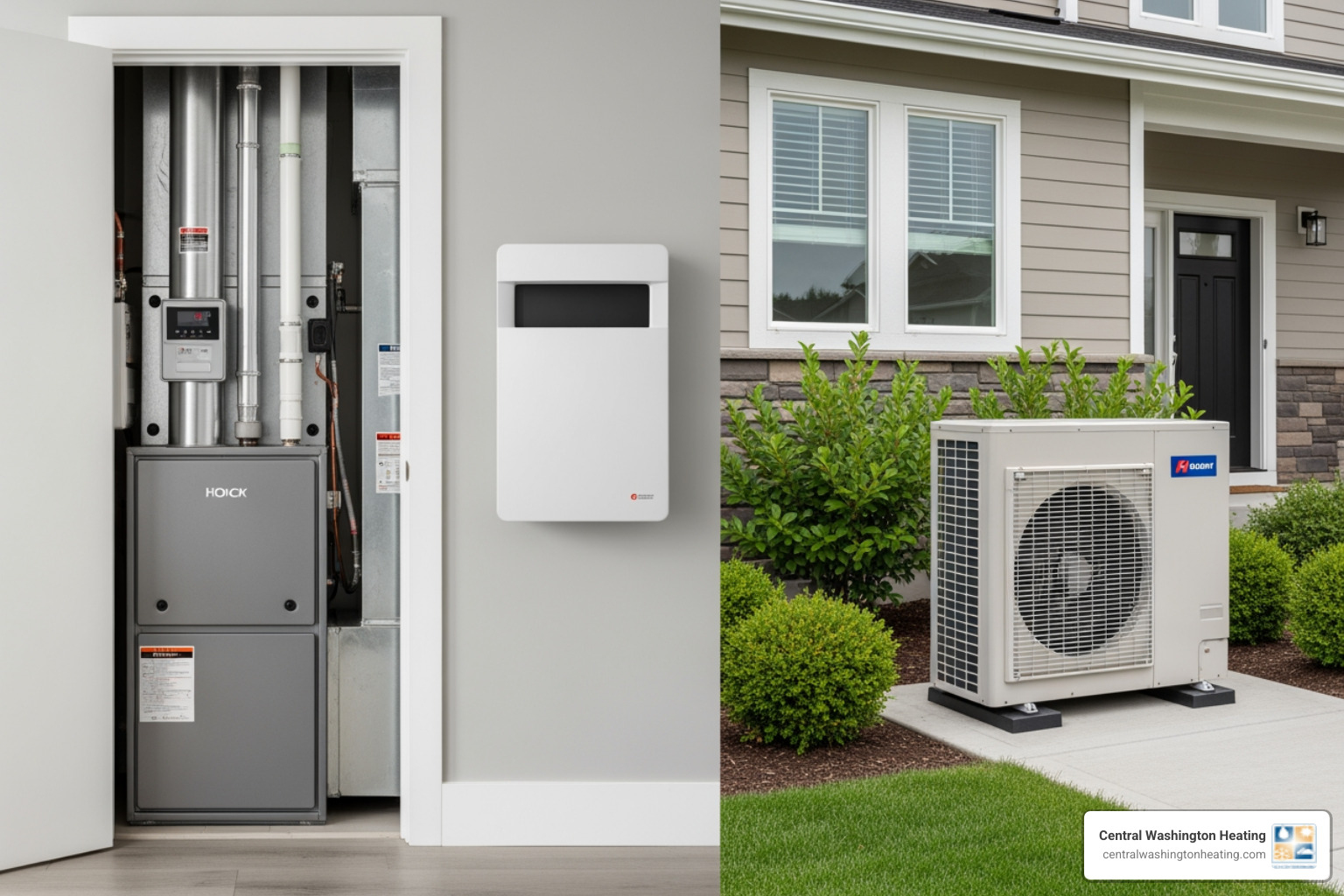 different heating systems: a furnace, a heat pump, and a ductless mini-split unit - affordable heating installation in east wenatchee, wa
