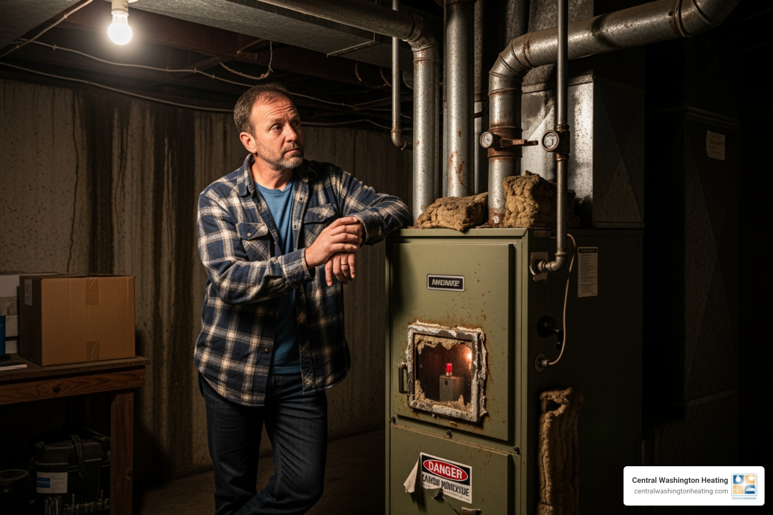 a homeowner looking thoughtfully at an old, inefficient furnace - affordable heating installation in east wenatchee, wa