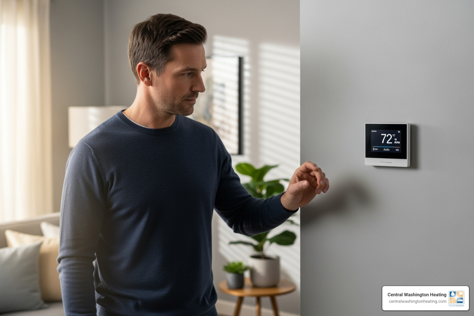 homeowner looking at thermostat - furnace maintenance in leavenworth, wa