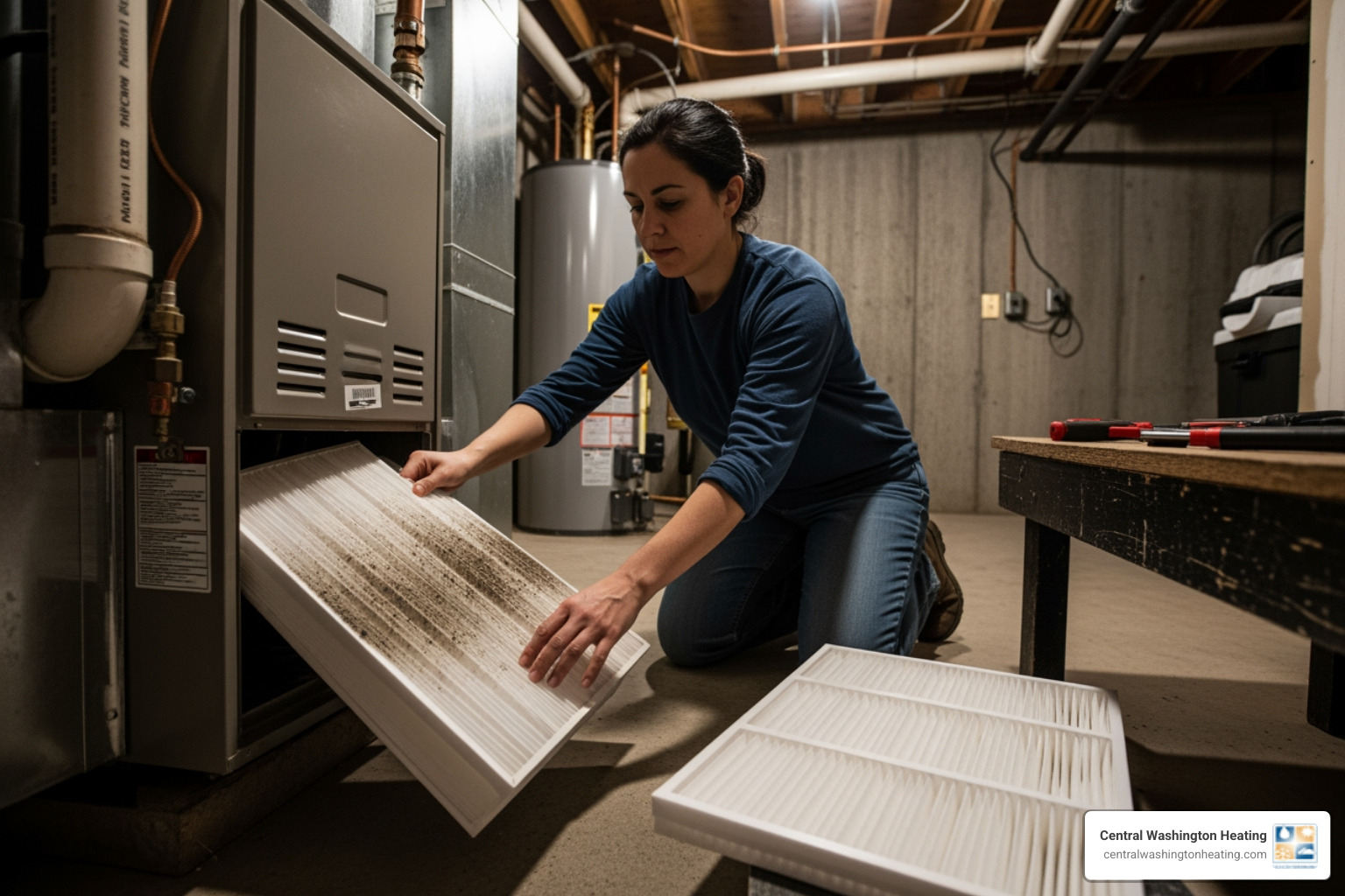 homeowner changing furnace filter - best furnace company in wenatchee, wa