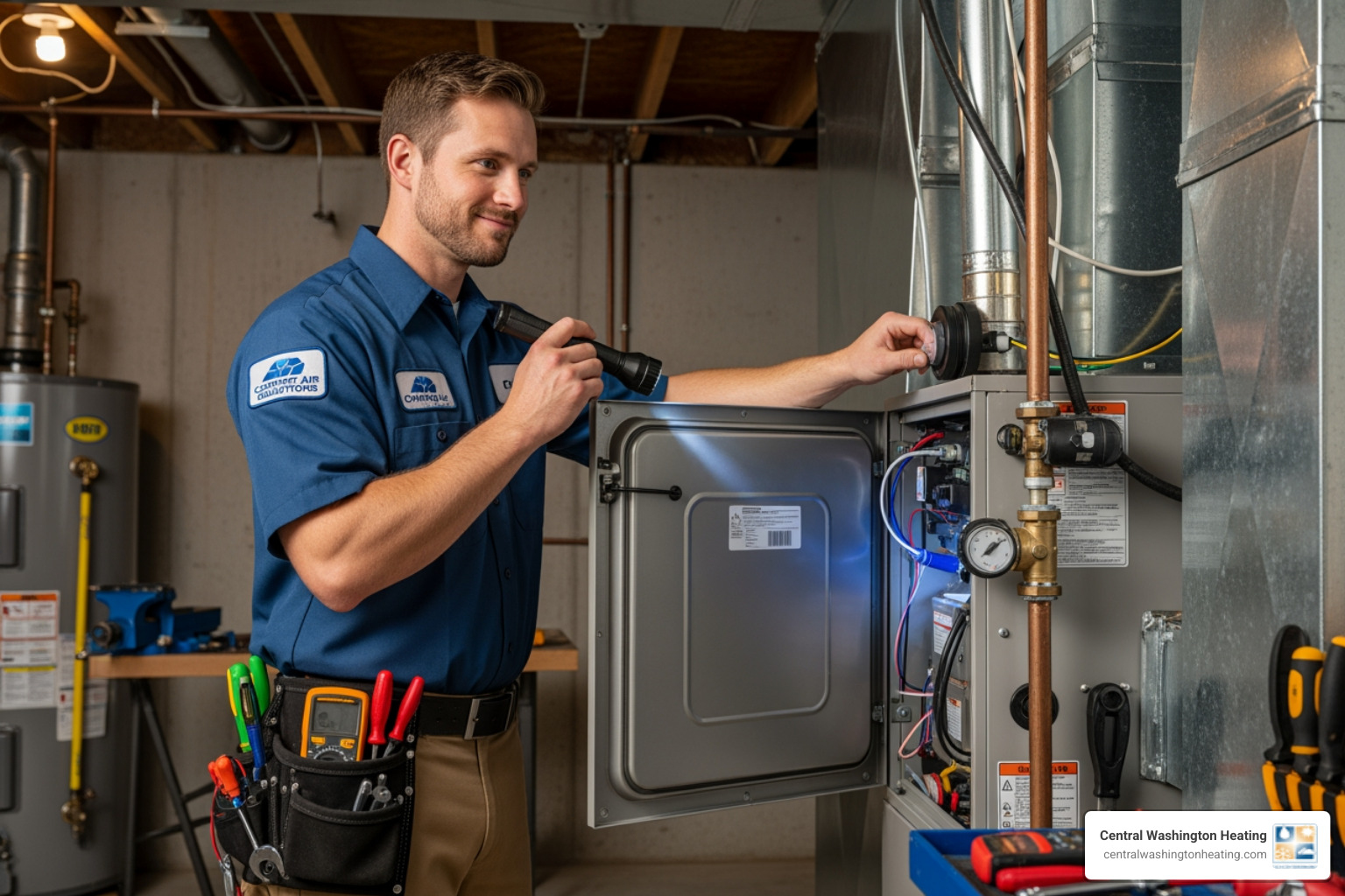 professional friendly technician inspecting furnace - best furnace company in wenatchee, wa