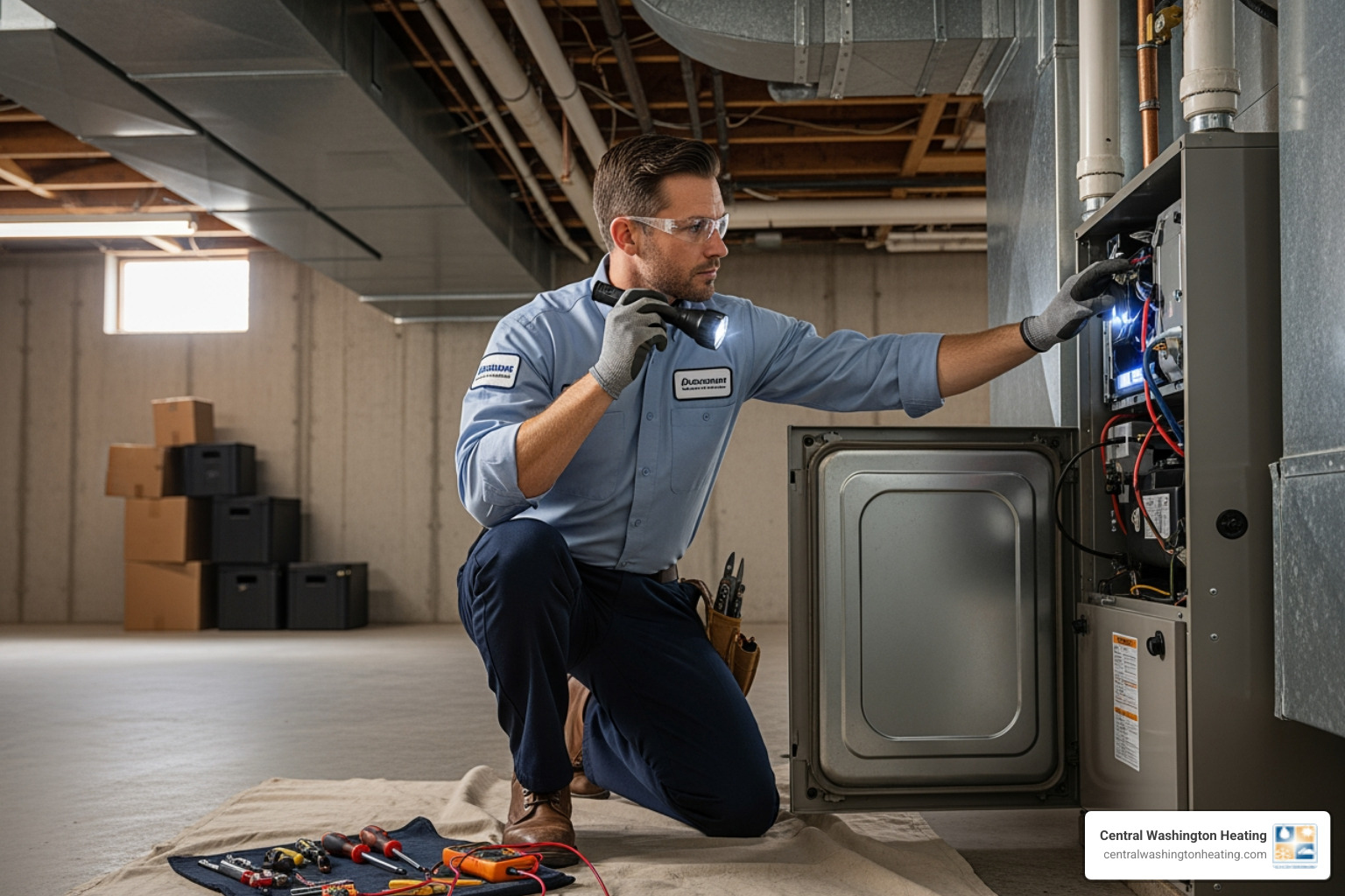 A professional HVAC technician in uniform inspecting a furnace unit in a residential basement - 24 hour furnace service in waterville, wa