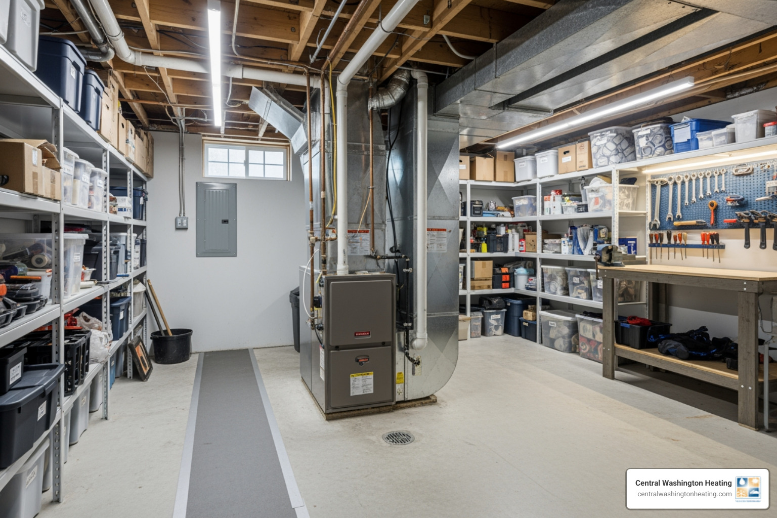 A clear, accessible path leading to a furnace in a well-maintained basement - 24 hour furnace service in waterville, wa