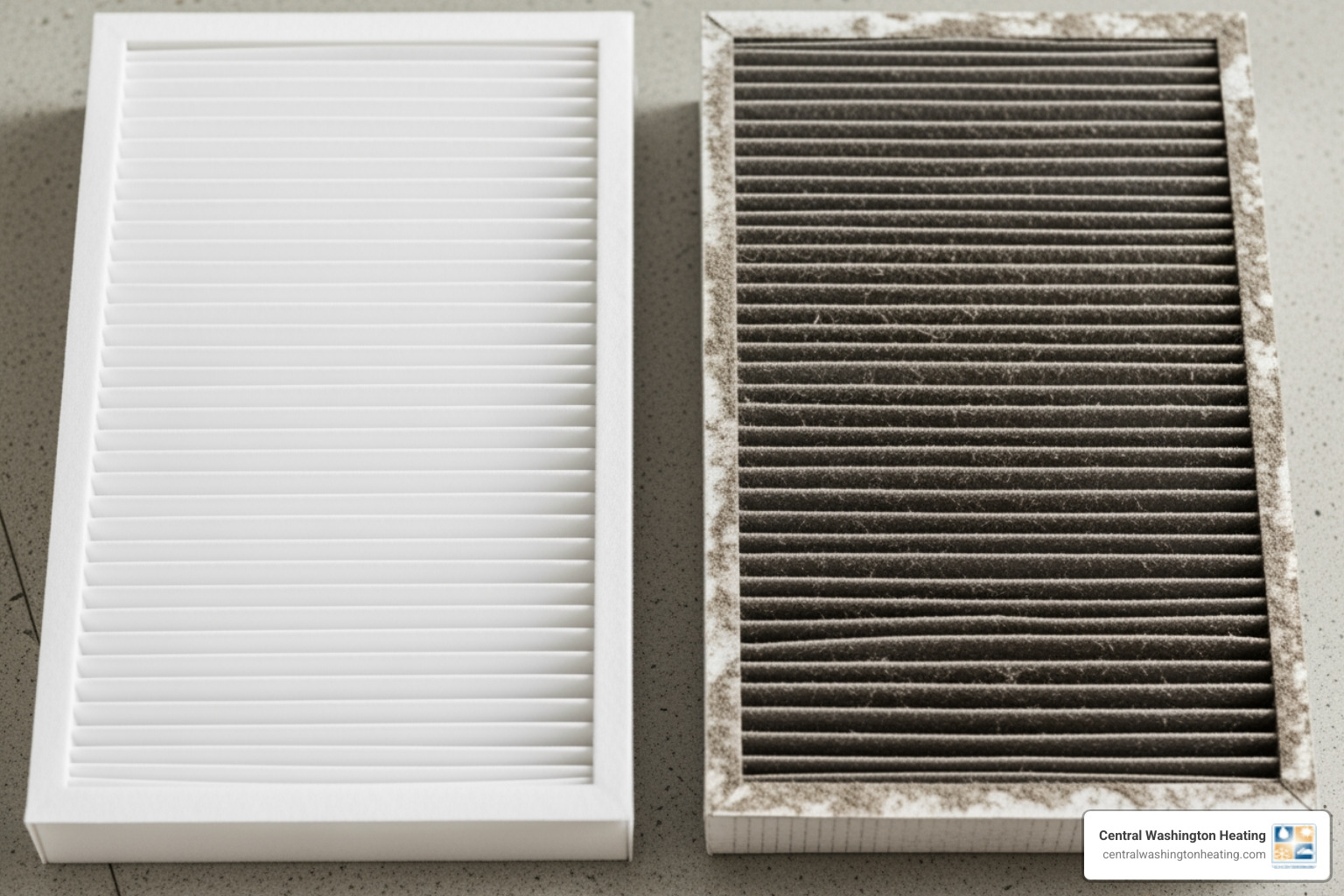 A clean HVAC air filter next to a dirty one - heat pump repair in waterville, wa A clean HVAC air filter next to a dirty one - heat pump repair in waterville, wa