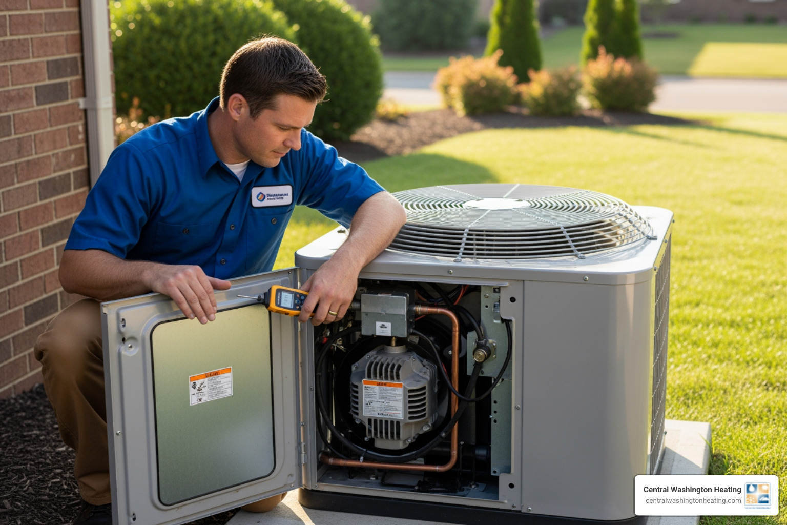 HVAC technician inspecting an outdoor heat pump unit - heat pump repair in waterville, wa HVAC technician inspecting an outdoor heat pump unit - heat pump repair in waterville, wa