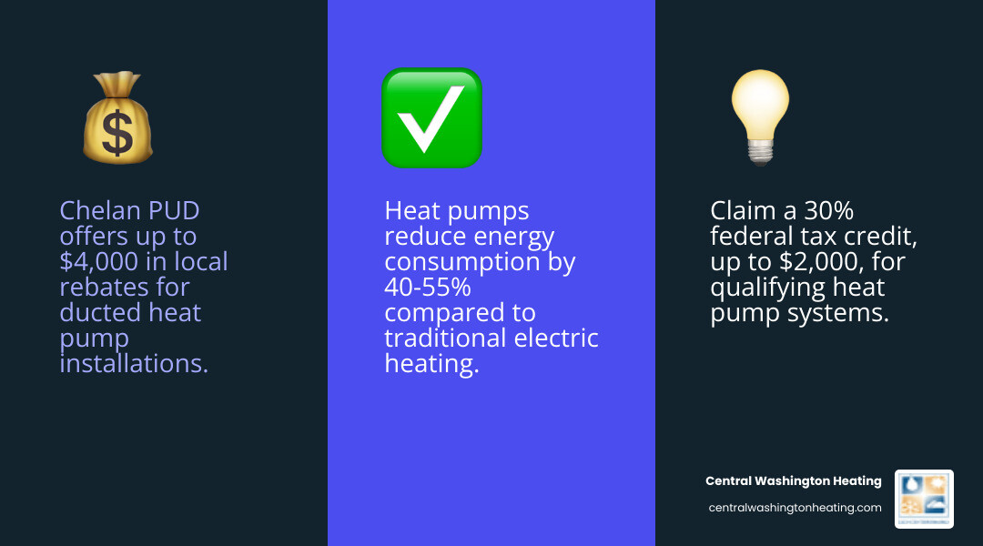 Infographic showing heat pump savings breakdown: Chelan PUD rebates by system type (ducted variable speed $4,000, standard $3,500, ductless $2,500-$1,500), federal tax credit 30% up to $2,000, annual energy savings 40-55% compared to electric resistance heating, average system lifespan 15-20 years - affordable heat pump installation in chelan, wa infographic 3_facts_emoji_blue Infographic showing heat pump savings breakdown: Chelan PUD rebates by system type (ducted variable speed $4,000, standard $3,500, ductless $2,500-$1,500), federal tax credit 30% up to $2,000, annual energy savings 40-55% compared to electric resistance heating, average system lifespan 15-20 years - affordable heat pump installation in chelan, wa infographic 3_facts_emoji_blue