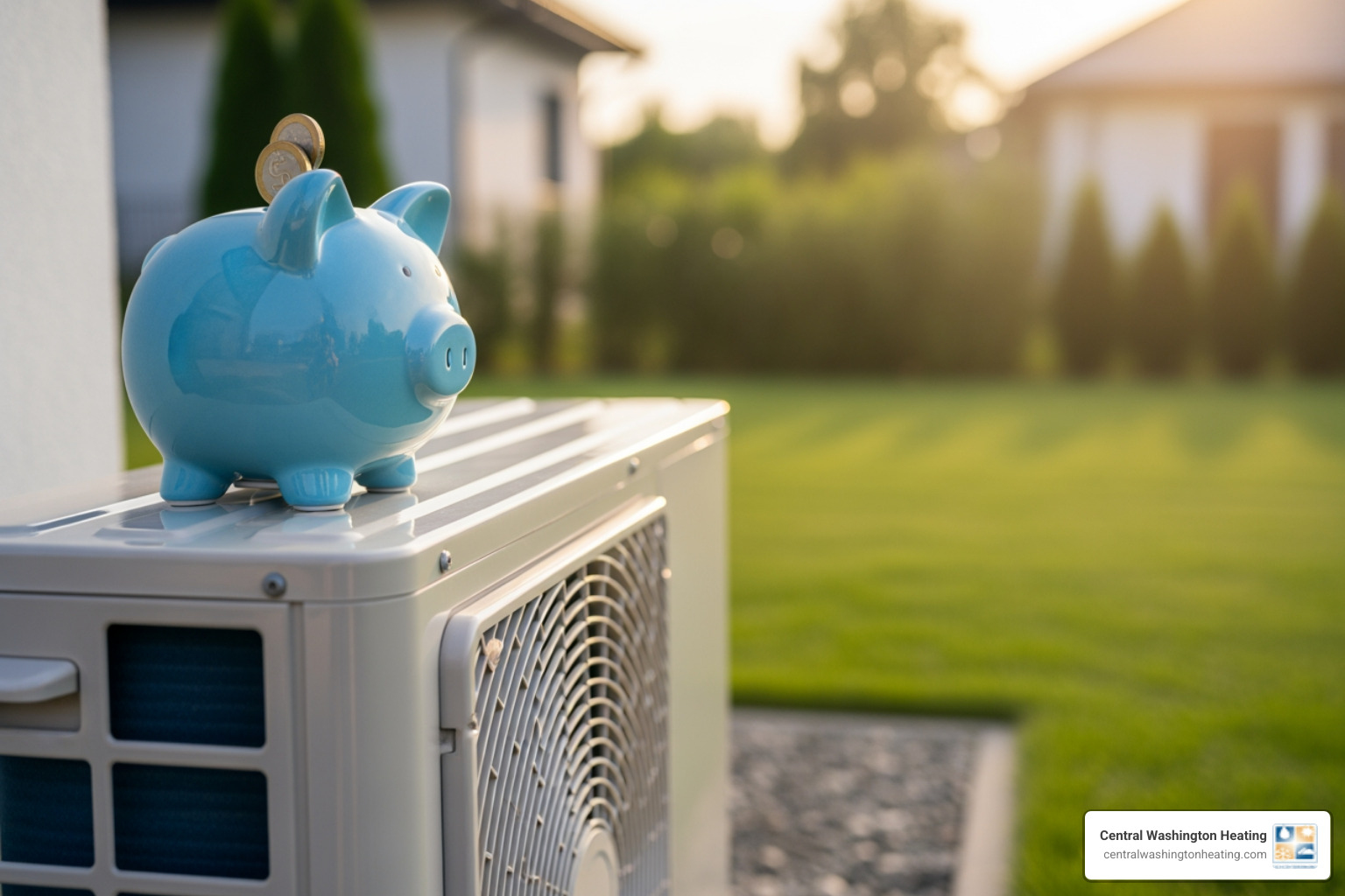 A stylized image of a piggy bank sitting next to a modern heat pump outdoor unit, symbolizing financial savings and investment. - affordable heat pump installation in chelan, wa A stylized image of a piggy bank sitting next to a modern heat pump outdoor unit, symbolizing financial savings and investment. - affordable heat pump installation in chelan, wa