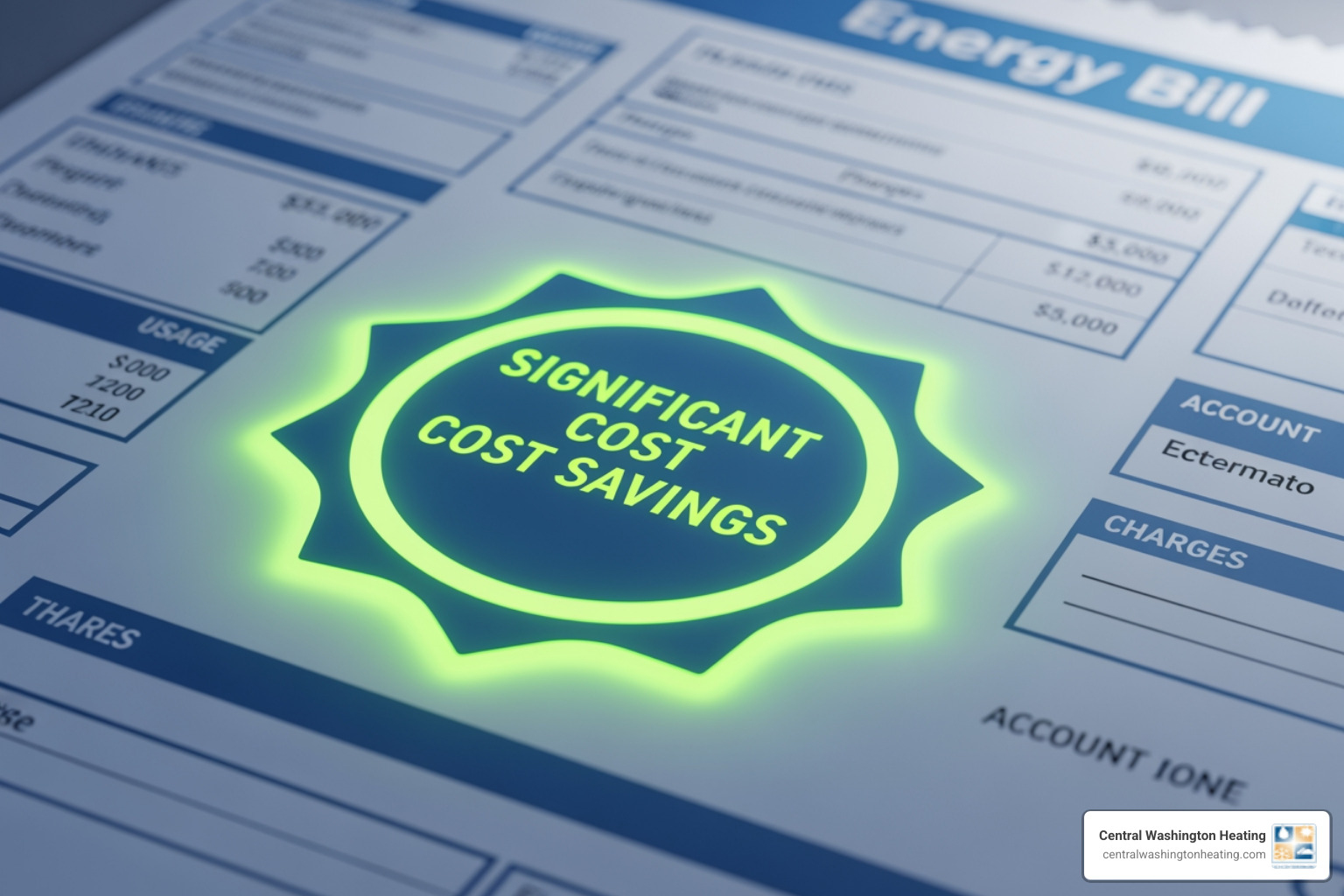 A stylized image of an energy bill with a "Savings" section prominently highlighted, showing a significant reduction in cost. - affordable heat pump installation in chelan, wa A stylized image of an energy bill with a "Savings" section prominently highlighted, showing a significant reduction in cost. - affordable heat pump installation in chelan, wa