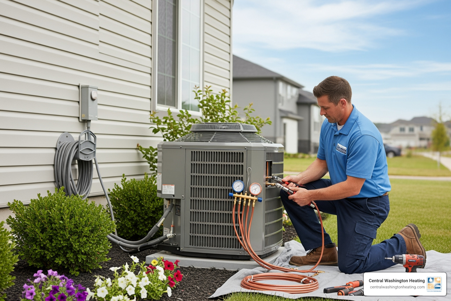A professional HVAC technician meticulously installing an outdoor heat pump unit, ensuring proper connections and placement. - affordable heat pump installation in chelan, wa A professional HVAC technician meticulously installing an outdoor heat pump unit, ensuring proper connections and placement. - affordable heat pump installation in chelan, wa