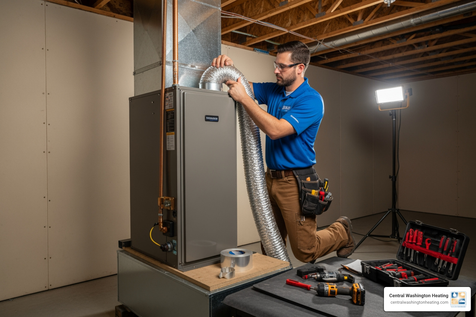 technician neatly installing a new indoor air handler - heat pump replacement in leavenworth, wa technician neatly installing a new indoor air handler - heat pump replacement in leavenworth, wa