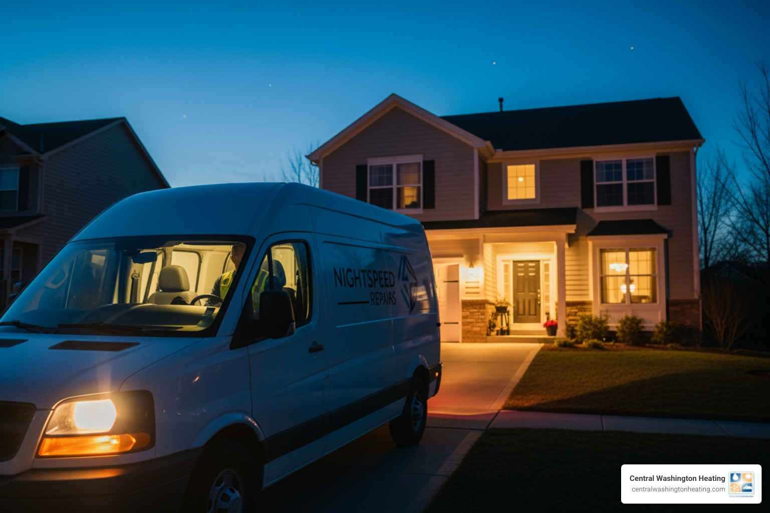 A service van arriving at a home at night - 24/7 heat pump repair in ardenvoir, wa A service van arriving at a home at night - 24/7 heat pump repair in ardenvoir, wa