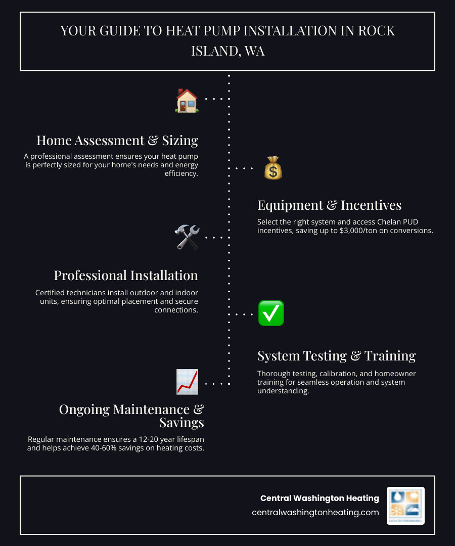 Infographic showing the heat pump installation process: 1. Home assessment and system sizing, 2. Equipment selection and incentive application, 3. Professional installation of outdoor and indoor units, 4. System testing and homeowner training, 5. Ongoing maintenance for optimal performance. Icons show Chelan PUD incentives up to $3,000/ton for conversions and $400/ton for upgrades, with 40-60% savings on heating costs and 12-20 year system lifespan with proper maintenance. - new heat pump installation in rock island, wa infographic infographic-line-5-steps-dark Infographic showing the heat pump installation process: 1. Home assessment and system sizing, 2. Equipment selection and incentive application, 3. Professional installation of outdoor and indoor units, 4. System testing and homeowner training, 5. Ongoing maintenance for optimal performance. Icons show Chelan PUD incentives up to $3,000/ton for conversions and $400/ton for upgrades, with 40-60% savings on heating costs and 12-20 year system lifespan with proper maintenance. - new heat pump installation in rock island, wa infographic infographic-line-5-steps-dark