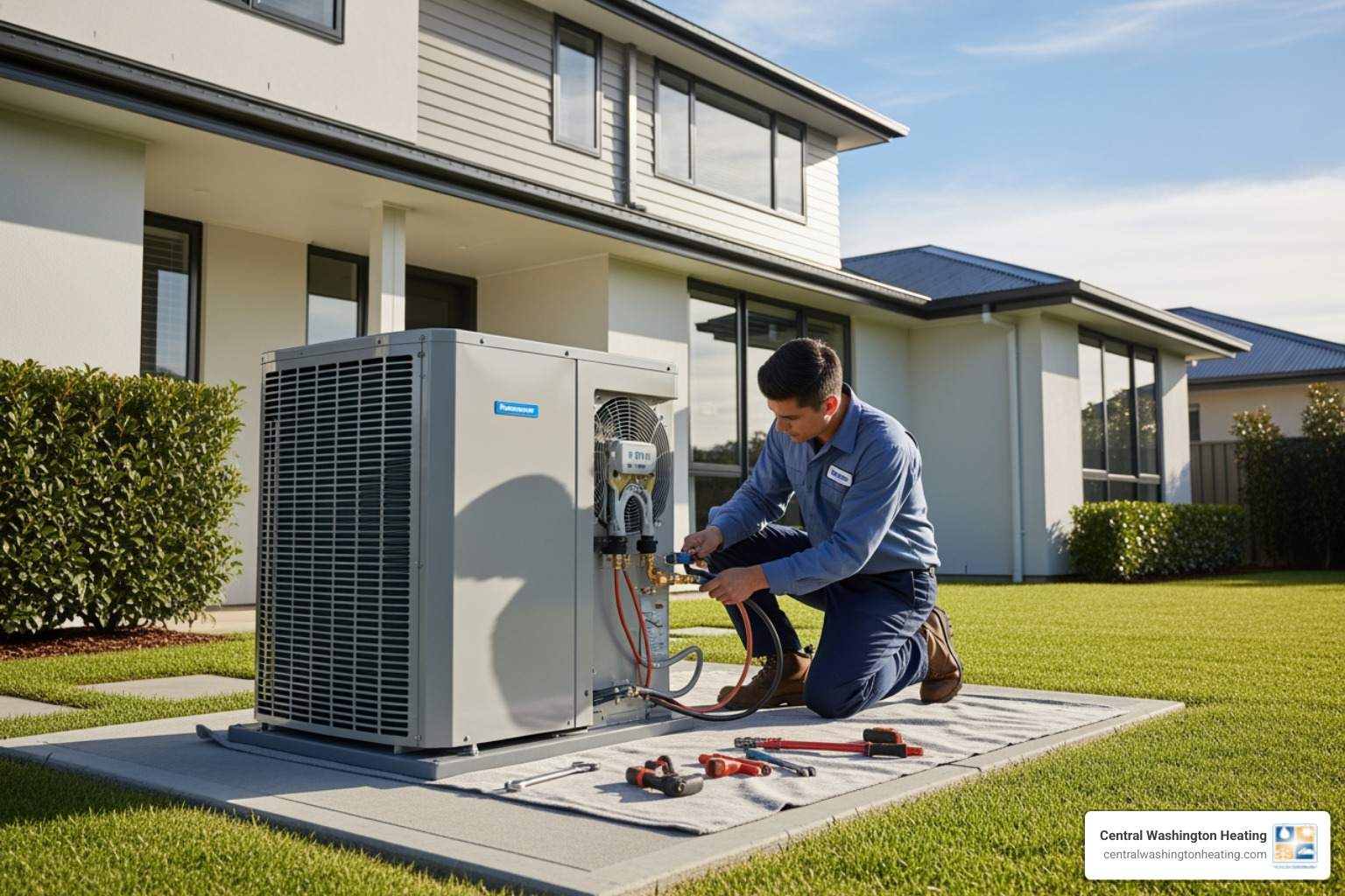 technician installing outdoor heat pump unit - new heat pump installation in rock island, wa technician installing outdoor heat pump unit - new heat pump installation in rock island, wa