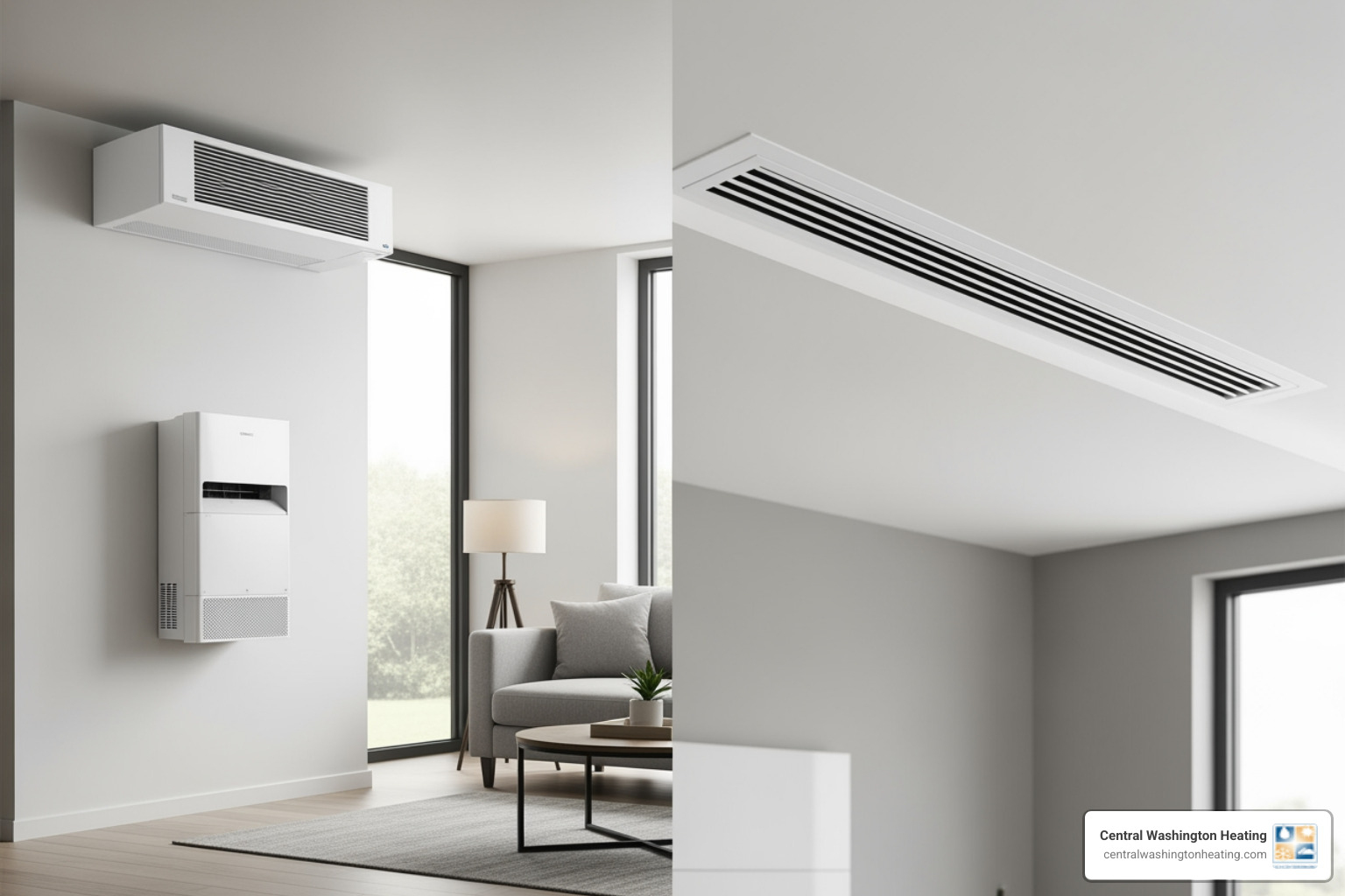 comparison of a ducted system's vents vs. a ductless mini-split head unit on a wall - new heat pump installation in manson, wa comparison of a ducted system's vents vs. a ductless mini-split head unit on a wall - new heat pump installation in manson, wa