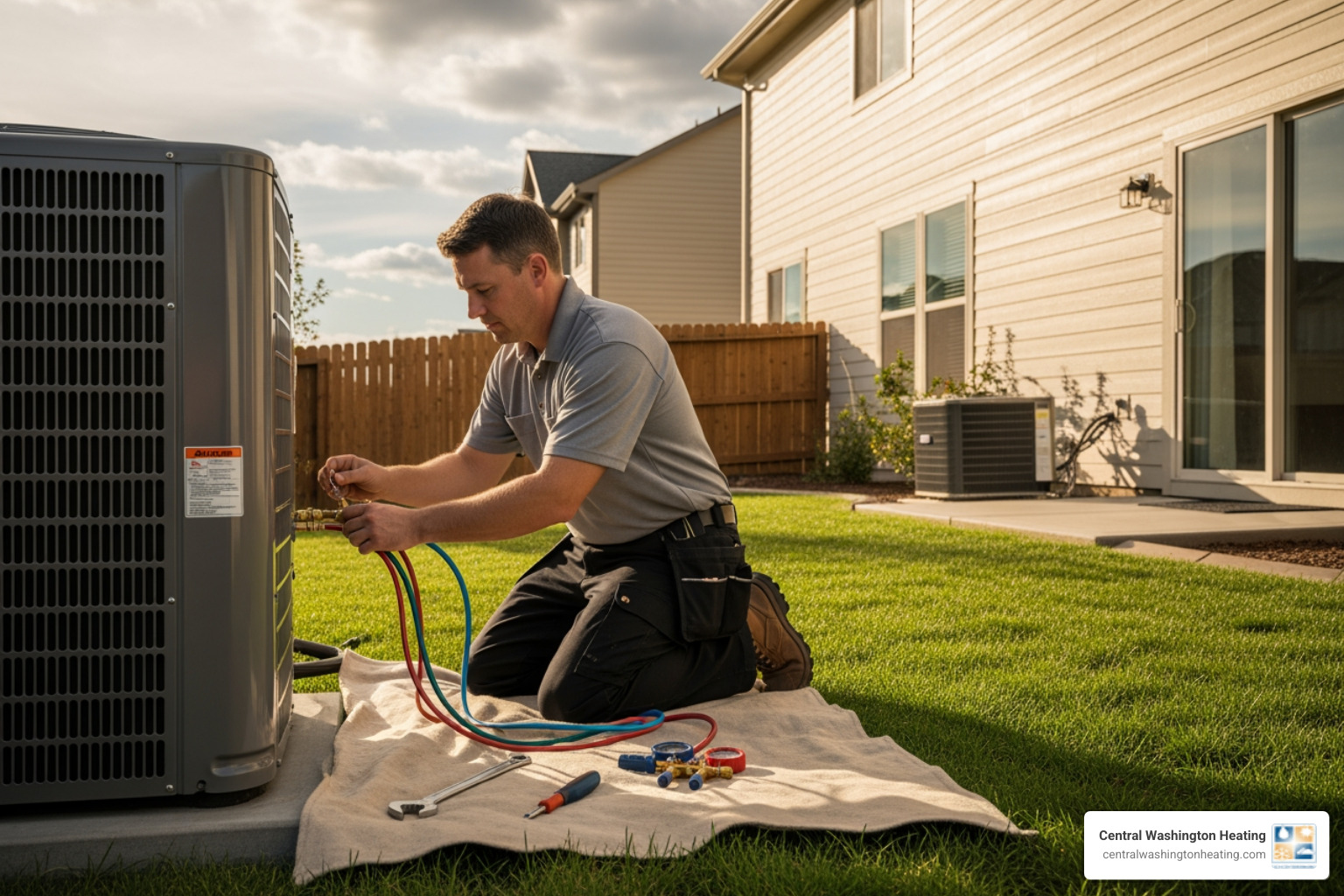 technician professionally installing an outdoor heat pump unit - new heat pump installation in manson, wa technician professionally installing an outdoor heat pump unit - new heat pump installation in manson, wa