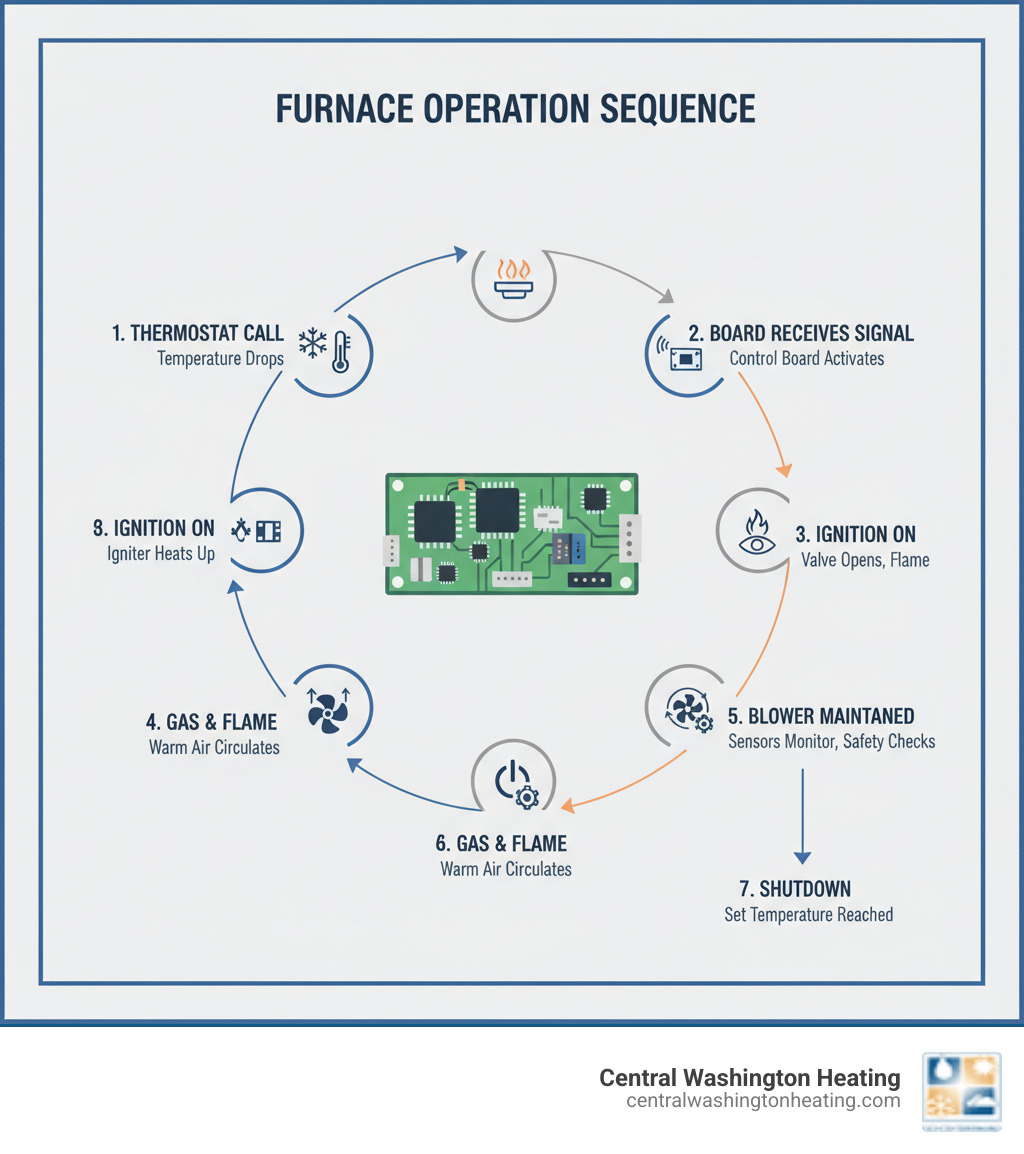 Infographic showing furnace control board operation sequence: thermostat signals temperature drop, control board receives signal, ignition system activates, gas valve opens with flame sensor verification, blower motor starts after heat exchanger warms, system maintains temperature through continuous monitoring of sensors and safety switches, shutdown sequence when temperature reaches setpoint - Furnace circuit board infographic Infographic showing furnace control board operation sequence: thermostat signals temperature drop, control board receives signal, ignition system activates, gas valve opens with flame sensor verification, blower motor starts after heat exchanger warms, system maintains temperature through continuous monitoring of sensors and safety switches, shutdown sequence when temperature reaches setpoint - Furnace circuit board infographic