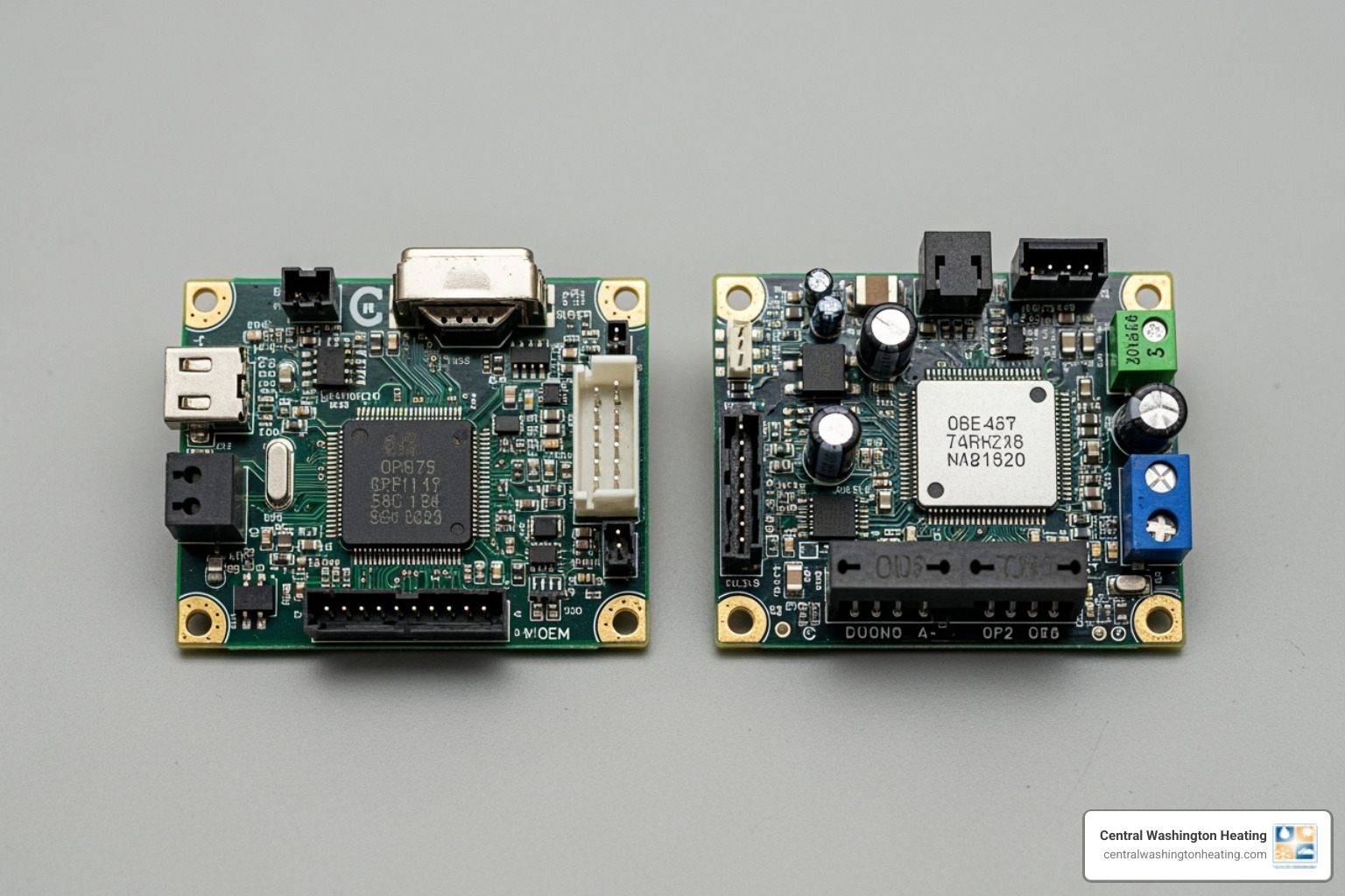 side-by-side comparison of an OEM and a universal control board - Furnace circuit board side-by-side comparison of an OEM and a universal control board - Furnace circuit board