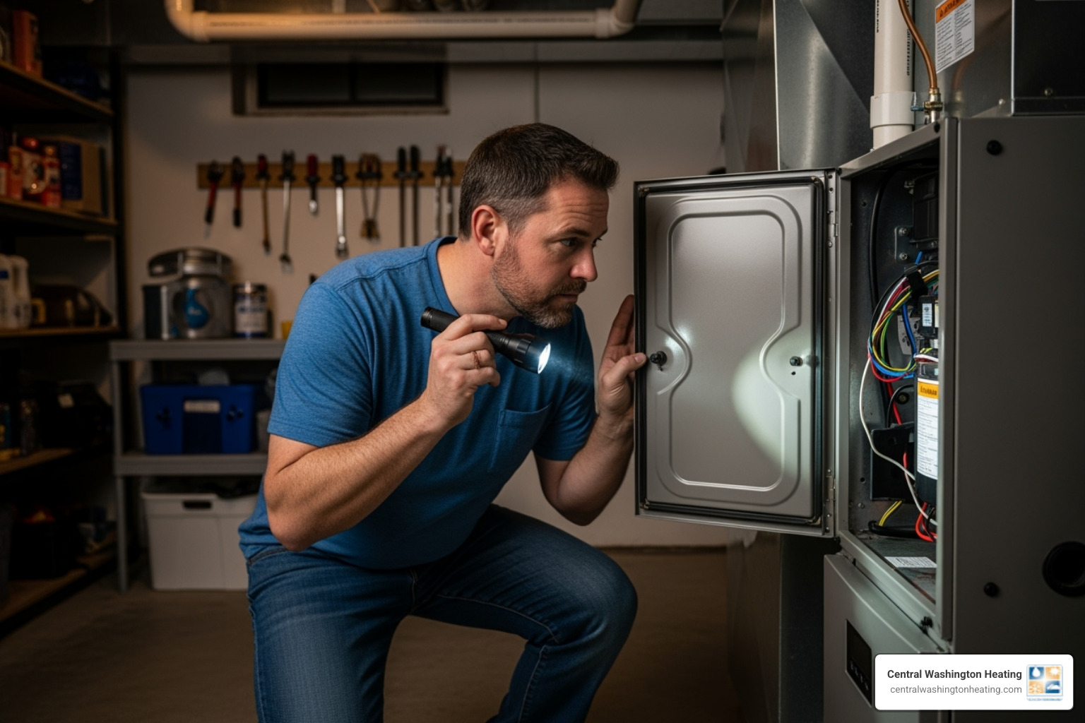 homeowner safely looking at the furnace panel with a flashlight - Furnace circuit board homeowner safely looking at the furnace panel with a flashlight - Furnace circuit board