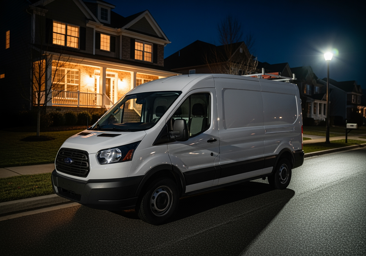 service technician's van with logos, parked outside a home at night - 24 hour furnace service in cashmere, wa service technician's van with logos, parked outside a home at night - 24 hour furnace service in cashmere, wa