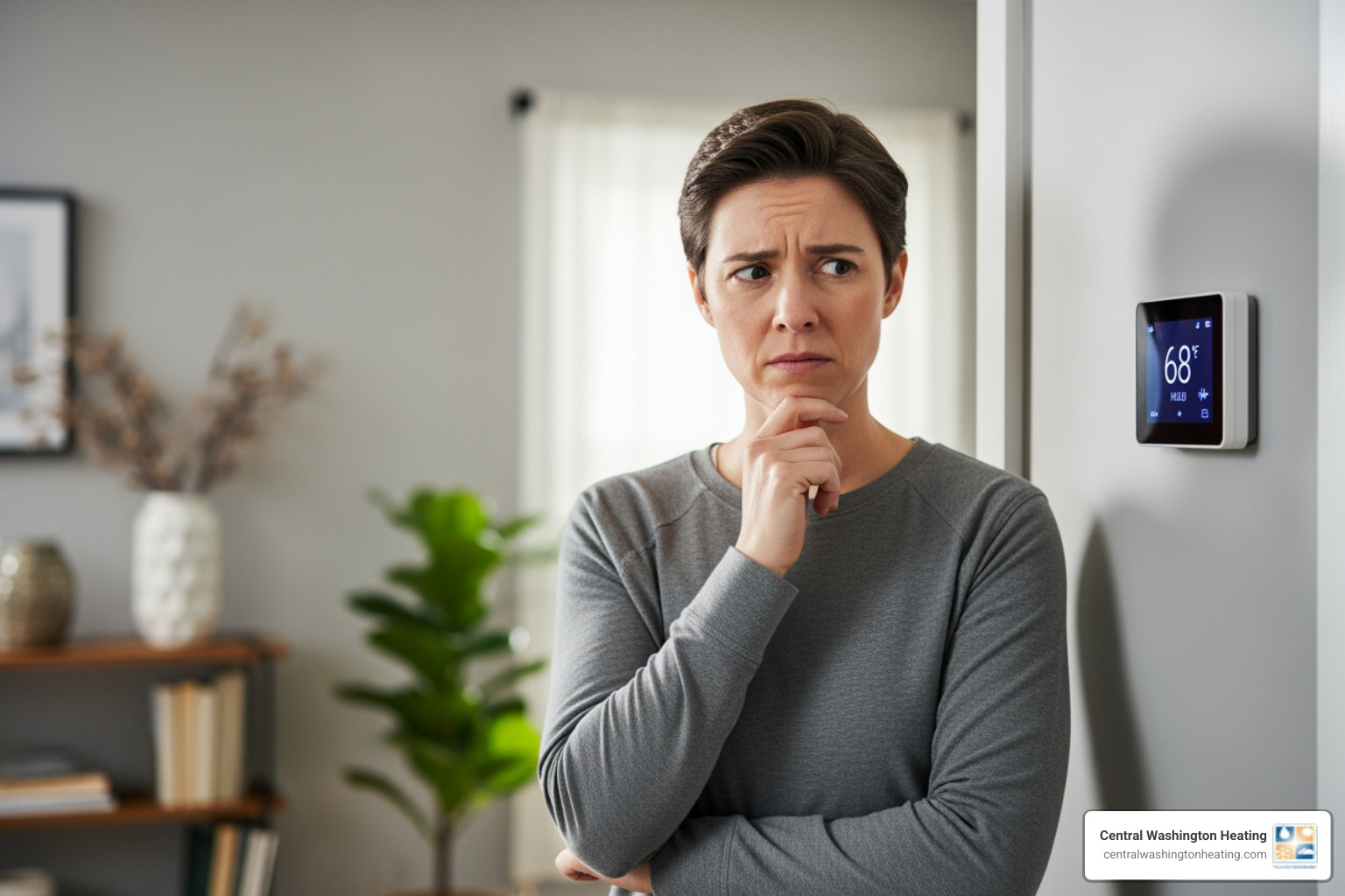 A person looking at a thermostat with a concerned expression - furnace repair in ardenvoir, wa A person looking at a thermostat with a concerned expression - furnace repair in ardenvoir, wa