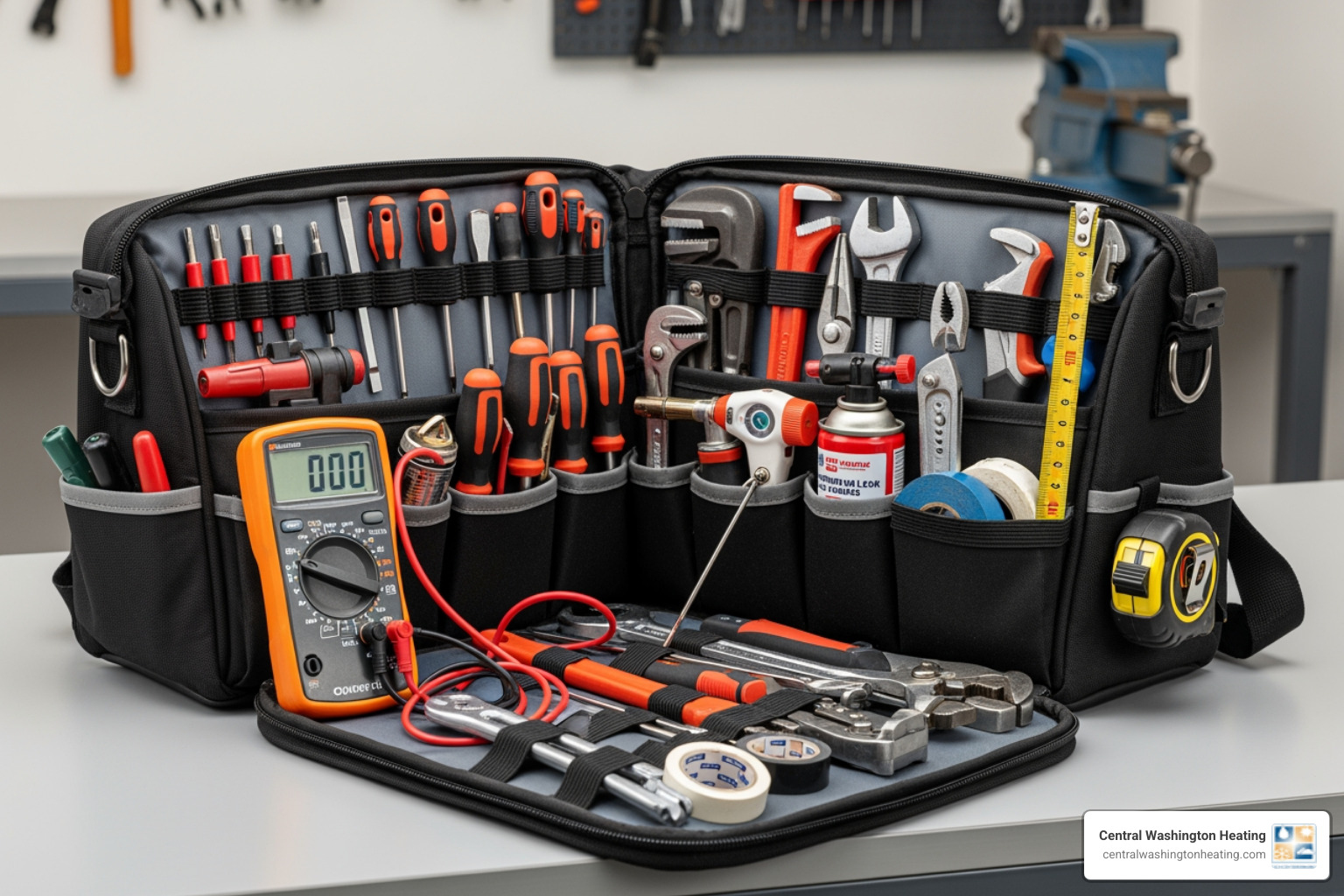 A professional HVAC technician's tool bag with various tools - furnace repair in ardenvoir, wa A professional HVAC technician's tool bag with various tools - furnace repair in ardenvoir, wa