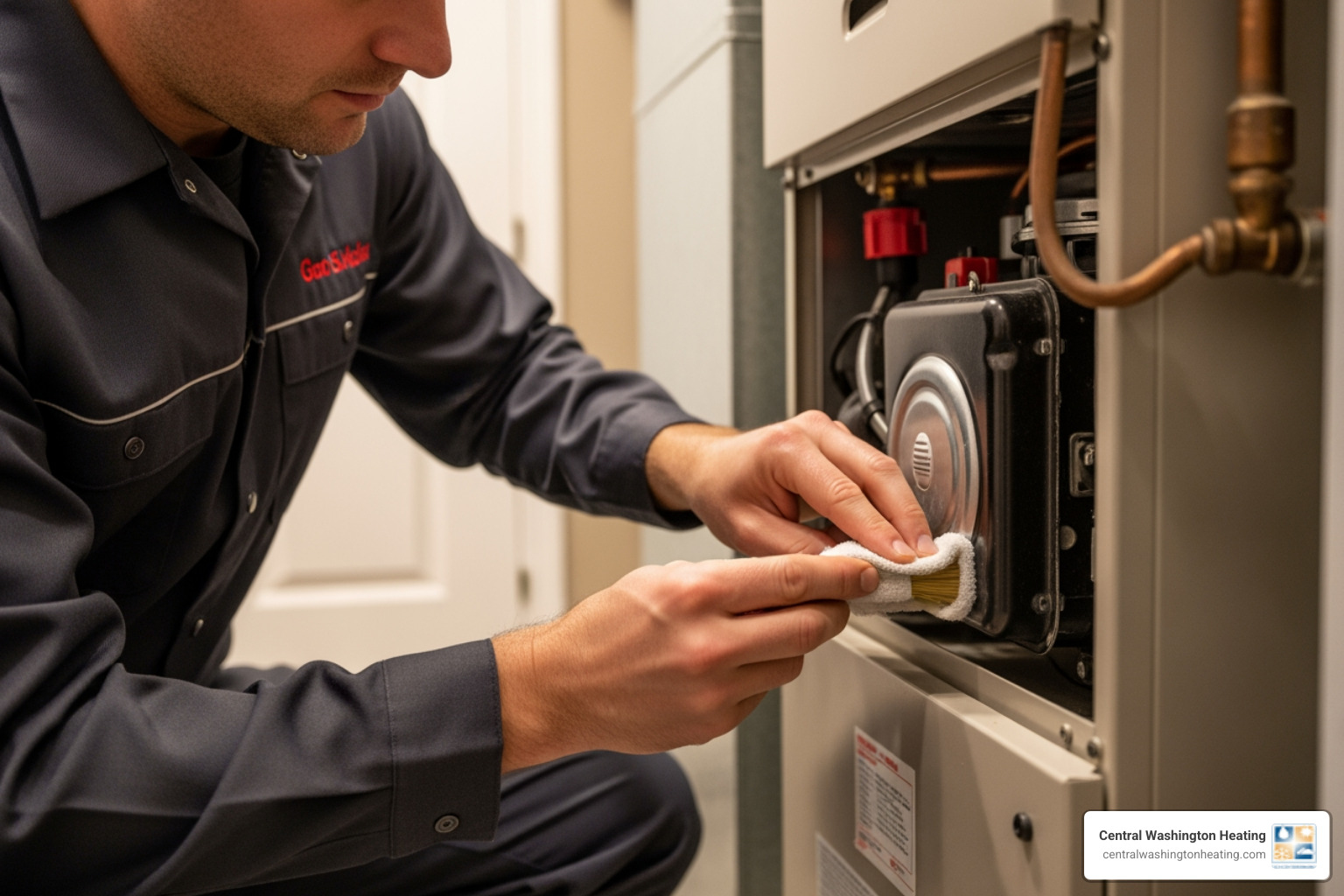 A technician cleaning a furnace component - furnace repair in ardenvoir, wa A technician cleaning a furnace component - furnace repair in ardenvoir, wa