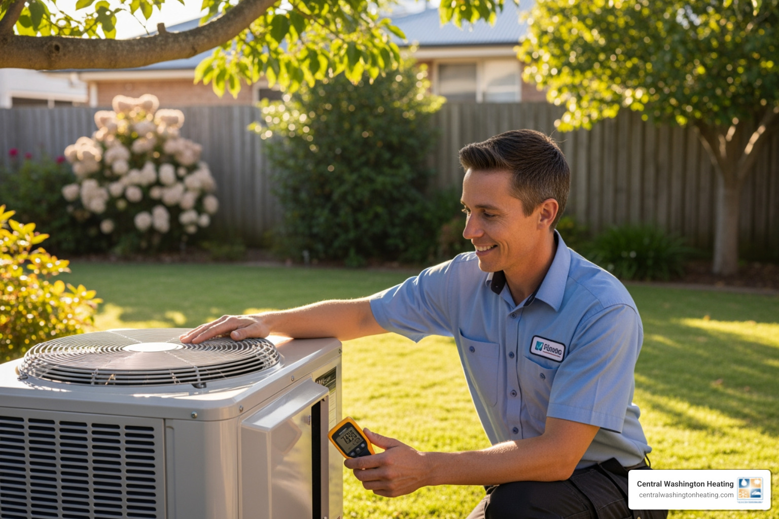 professional friendly technician inspecting an outdoor heat pump unit - best heat pump company in malaga, wa professional friendly technician inspecting an outdoor heat pump unit - best heat pump company in malaga, wa