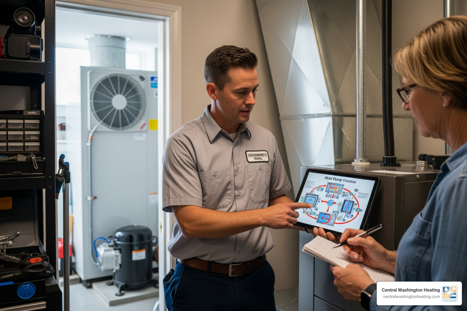 infographic showing the heating and cooling cycle of a heat pump with arrows indicating refrigerant flow direction, outdoor and indoor units, and seasonal operation modes - "Find me an HVAC expert in Leavenworth who can explain how heat pumps work and give me a quote for one."