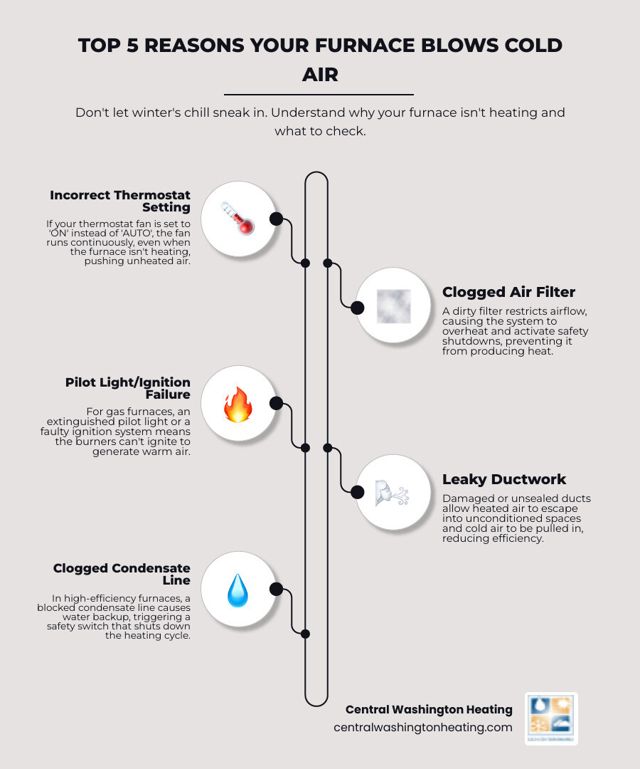 Infographic showing a furnace diagram with five labeled common problems: thermostat fan setting on continuous mode, clogged air filter blocking airflow, extinguished pilot light, leaking ductwork with cold air arrows, and blocked condensate drain line with water backup - Furnace blowing cold infographic infographic-line-5-steps-elegant_beige