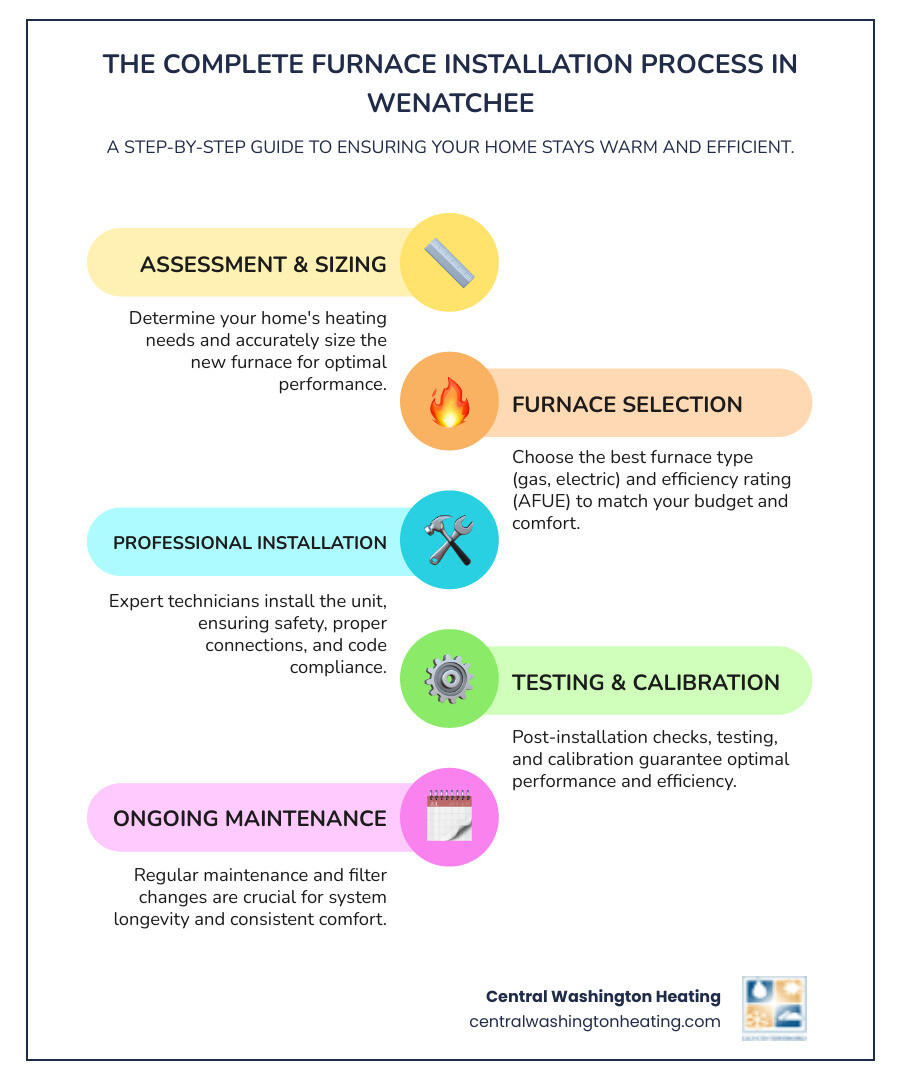 Infographic showing the complete furnace installation process in Wenatchee: assessment and sizing, selecting the right furnace type and efficiency rating, professional installation with safety checks and code compliance, post-installation testing and calibration, and ongoing maintenance for longevity - furnace installation service in wenatchee, wa infographic infographic-line-5-steps-colors Infographic showing the complete furnace installation process in Wenatchee: assessment and sizing, selecting the right furnace type and efficiency rating, professional installation with safety checks and code compliance, post-installation testing and calibration, and ongoing maintenance for longevity - furnace installation service in wenatchee, wa infographic infographic-line-5-steps-colors