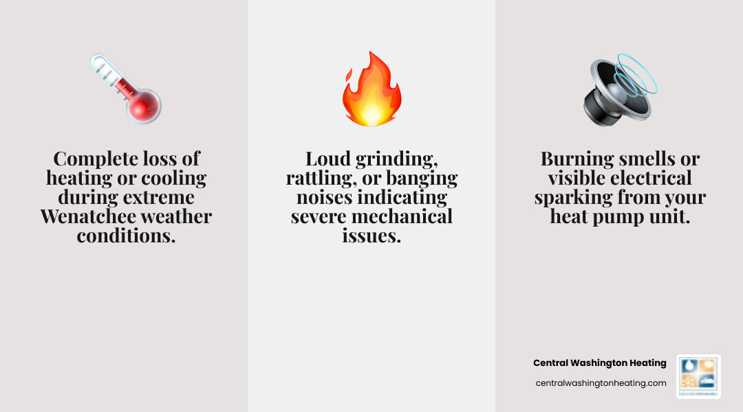 Infographic showing three critical emergency signs: 1) Complete loss of heating or cooling with outdoor temperature extremes, 2) Burning smell or electrical sparking from the unit, 3) Loud grinding, rattling, or banging noises indicating mechanical failure - emergency heat pump repair in wenatchee, wa infographic 3_facts_emoji_grey