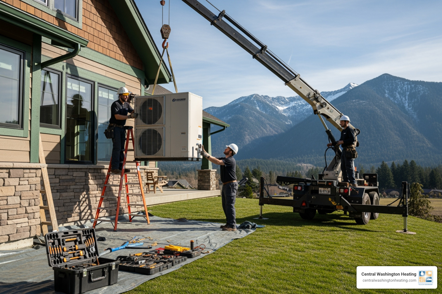 Infographic showing heat pump operation in both heating and cooling modes, with arrows indicating heat transfer from outdoor to indoor in winter and indoor to outdoor in summer, including labels for key components like reversing valve, compressor, and indoor/outdoor units - best heat pump installation in leavenworth, wa