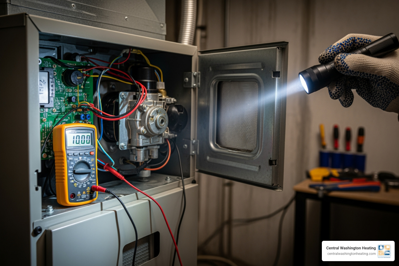 Infographic showing three critical furnace emergency warning signs: 1) No Heat with thermometer icon showing cold temperature, 2) Gas Smell with warning symbol and evacuation arrow, 3) Loud Banging Noises with sound wave icon and 'Turn Off System' instruction - emergency furnace maintenance in dryden, wa