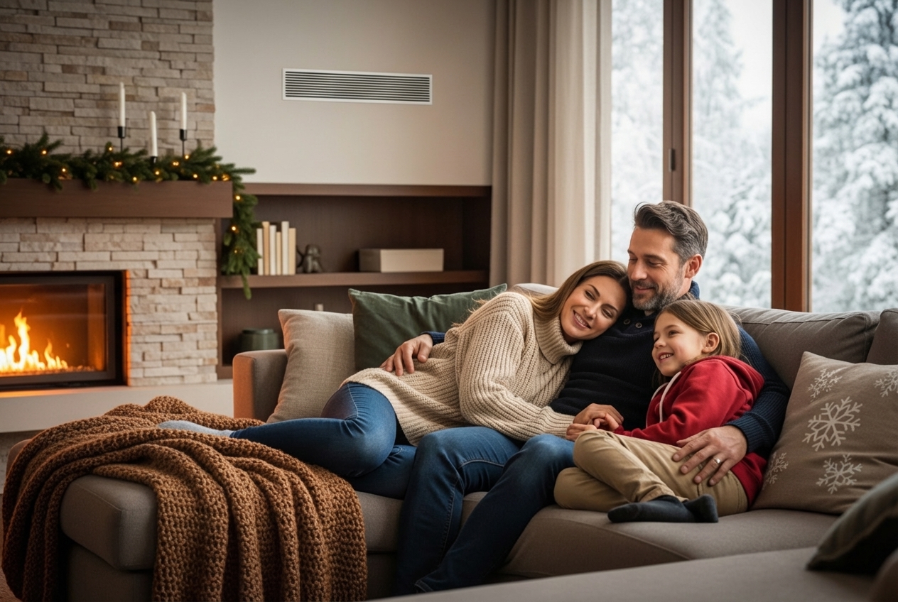 Infographic showing four key benefits of annual furnace maintenance: Safety with carbon monoxide detector icon, Savings with dollar sign and energy bill, Longevity with furnace lifespan timeline, and Comfort with family in warm home - best furnace maintenance in dryden, wa