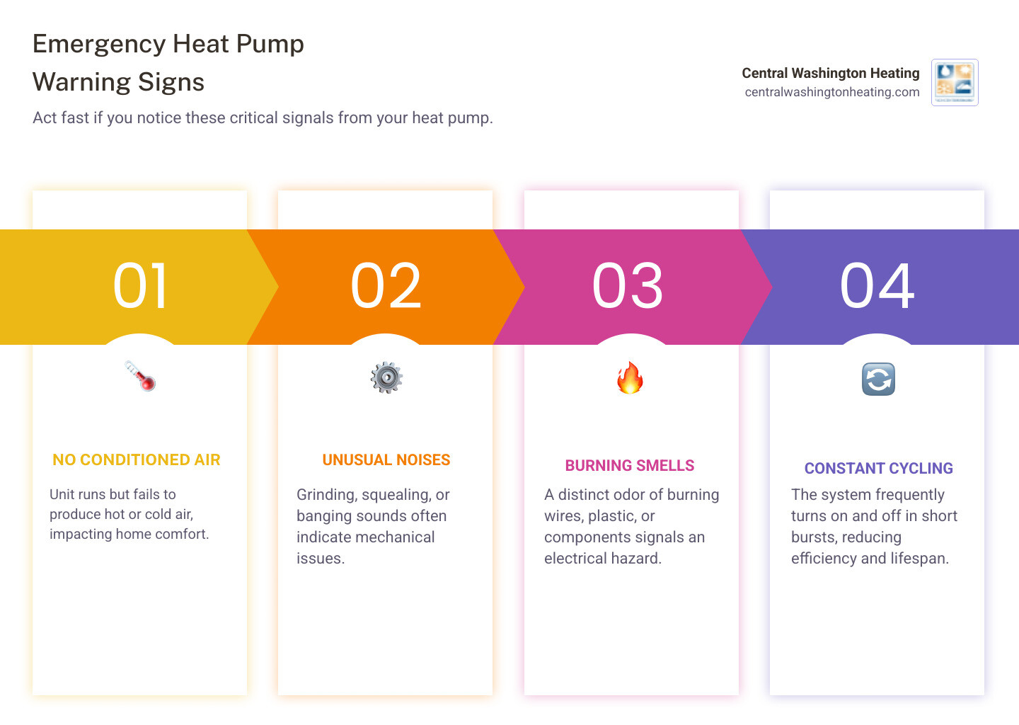 Infographic showing common heat pump emergency warning signs including no heating or cooling, unusual grinding or squealing noises, ice buildup on outdoor unit, burning smells, constant on-off cycling, tripped circuit breakers, and weak airflow, with instructions to call for immediate service when these occur - emergency heat pump maintenance in east wenatchee, wa infographic pillar-4-steps