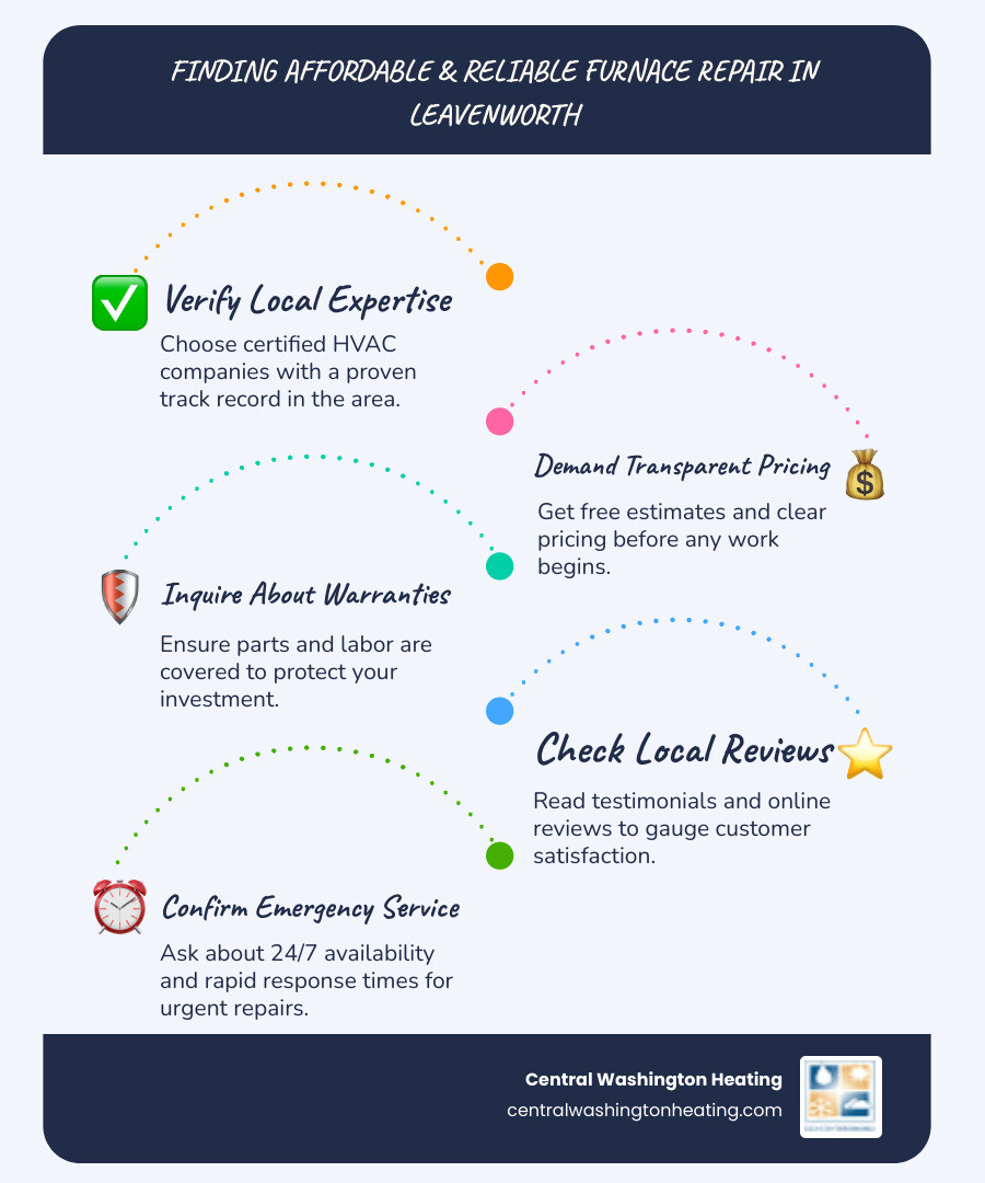 infographic showing how to identify affordable and reliable furnace repair services in Leavenworth, including steps like verifying certifications, comparing warranties, checking local reviews, asking about emergency service availability, and understanding what is included in a standard service call - affordable furnace repair in leavenworth, wa infographic infographic-line-5-steps-blues-accent_colors