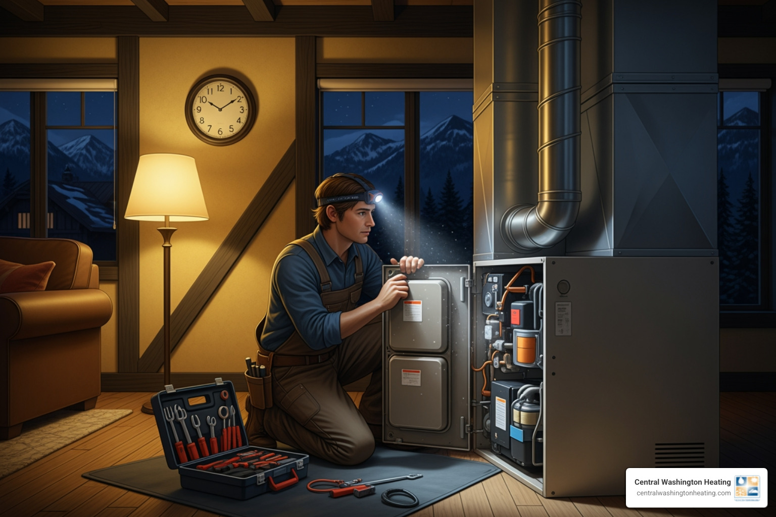 infographic showing five warning signs of furnace emergencies: gas odor or rotten egg smell, no heat with outdoor temperatures below freezing, yellow or flickering pilot light, loud banging or grinding noises, and carbon monoxide detector alarm - 24 hour furnace repair in leavenworth, wa