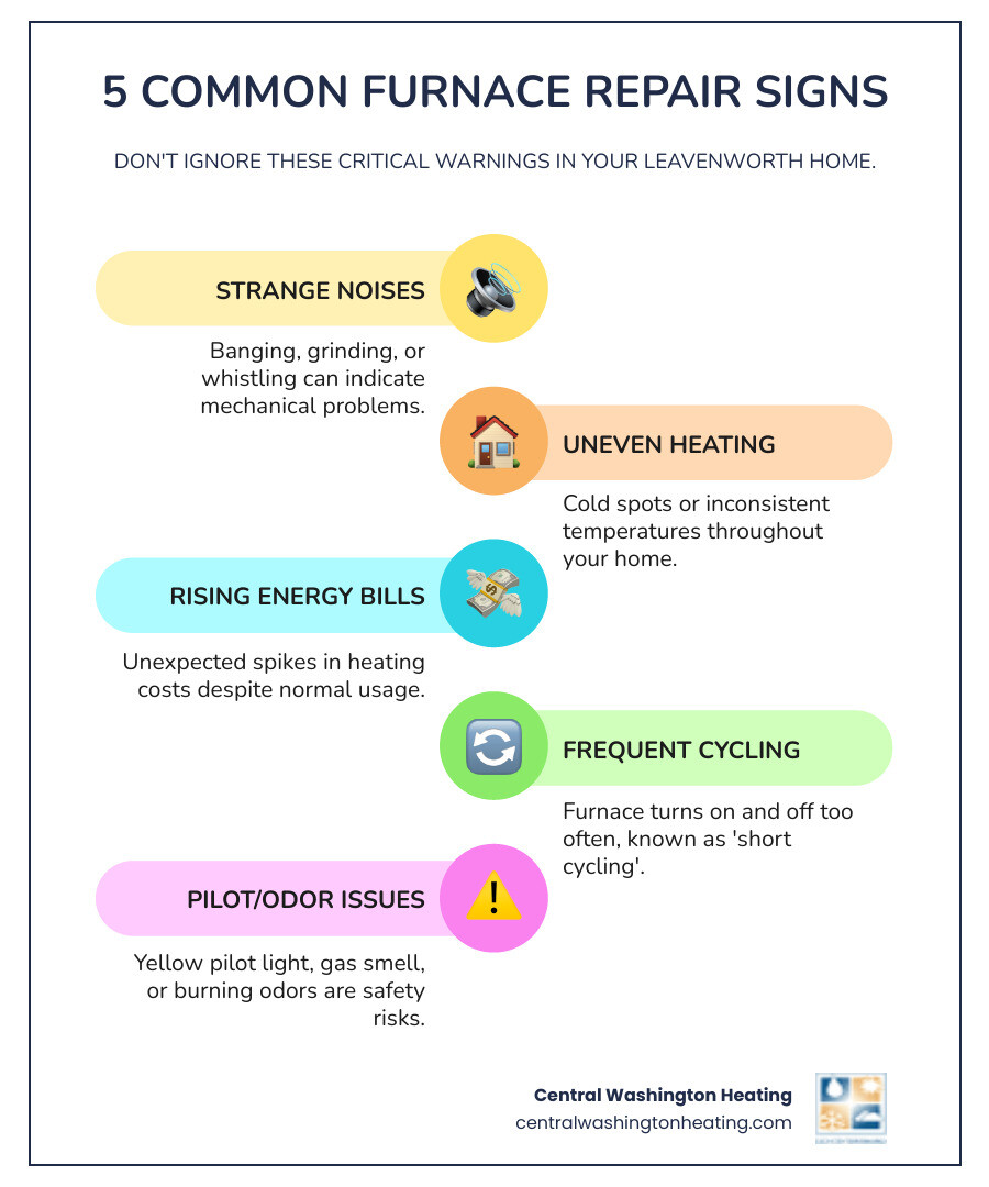 Infographic showing five common signs your furnace needs repair: 1) Strange noises like banging or grinding, 2) Uneven heating or cold spots in your home, 3) Rising energy bills despite normal usage, 4) Frequent on-off cycling, 5) Yellow pilot light or unusual odors - furnace repair in leavenworth wa infographic infographic-line-5-steps-colors Infographic showing five common signs your furnace needs repair: 1) Strange noises like banging or grinding, 2) Uneven heating or cold spots in your home, 3) Rising energy bills despite normal usage, 4) Frequent on-off cycling, 5) Yellow pilot light or unusual odors - furnace repair in leavenworth wa infographic infographic-line-5-steps-colors